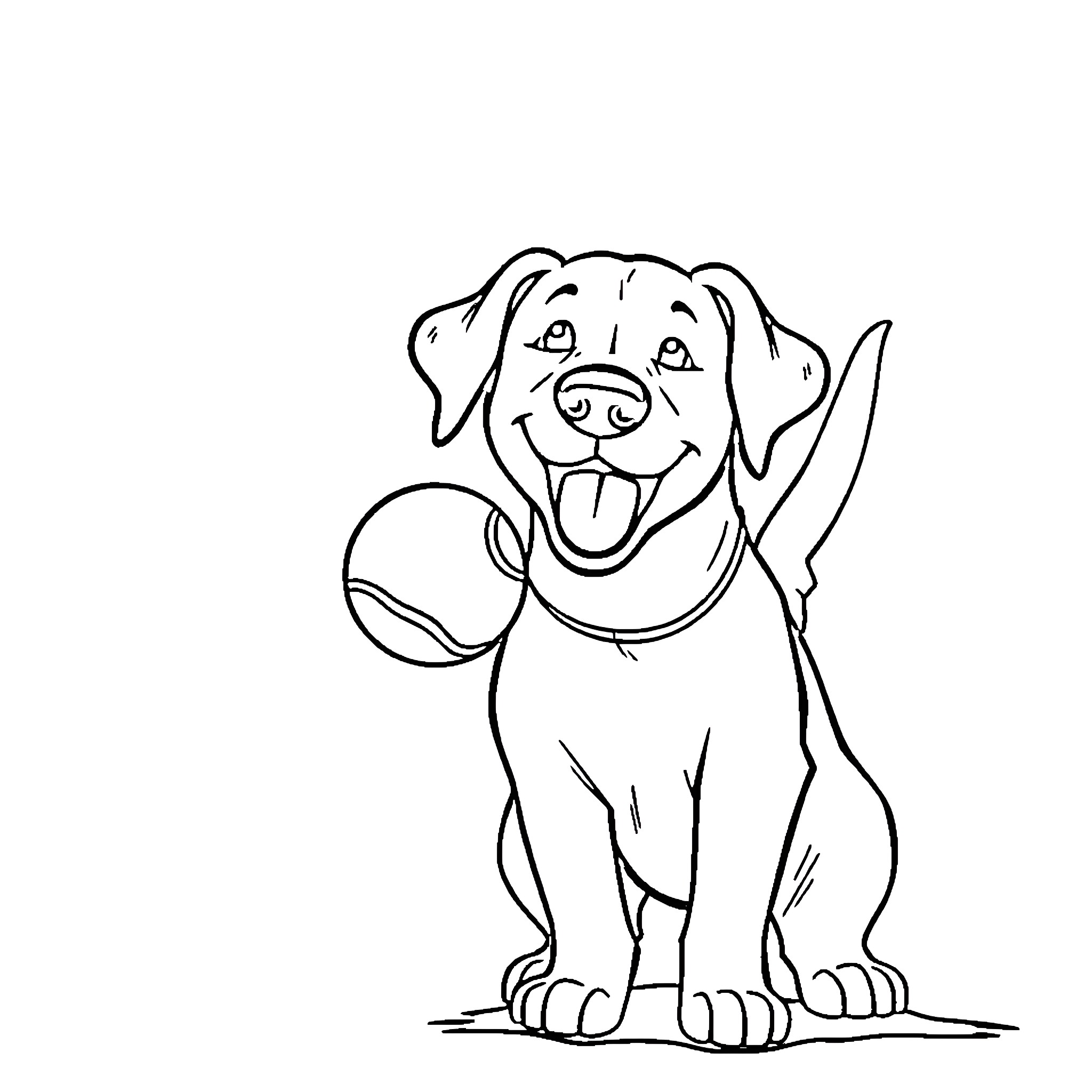 Labrador playing joyfully with a ball Coloring Page (free black-and-white line drawing printable PDF for all, from beginners to advanced learners, including children, teens, adults, and seniors)