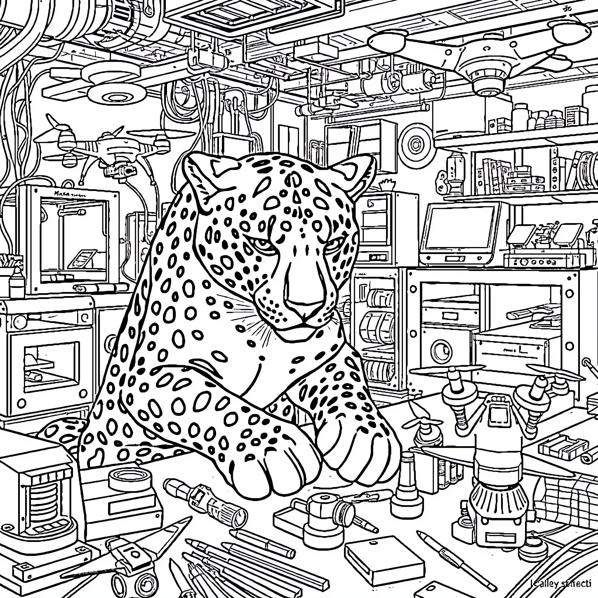 Jaguar Exploring a Cluttered Workshop Coloring Page (free black-and-white line drawing printable PDF for all, from beginners to advanced learners, including children, teens, adults, and seniors)