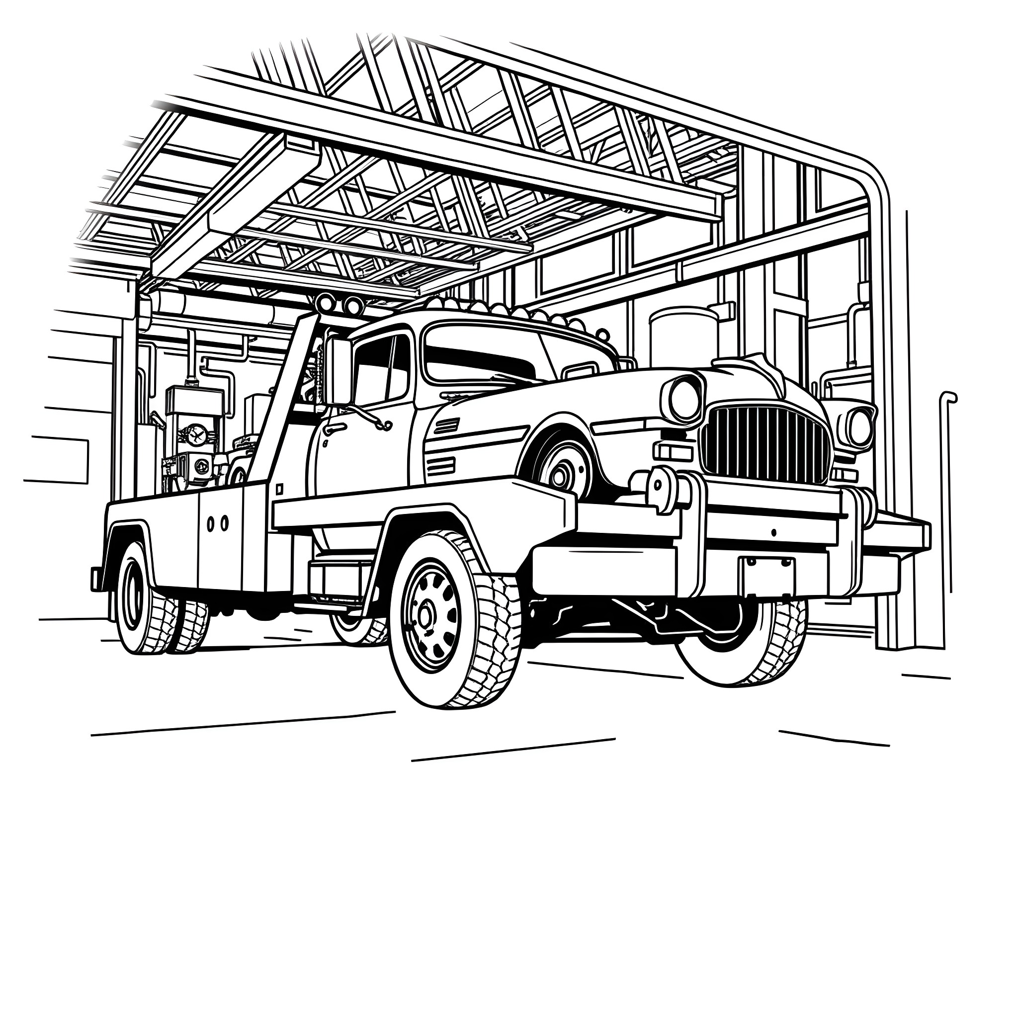 Wrecker vehicle assisting a damaged truck in the garage Coloring Page (free black-and-white line drawing printable PDF for all, from beginners to advanced learners, including children, teens, adults, and seniors)