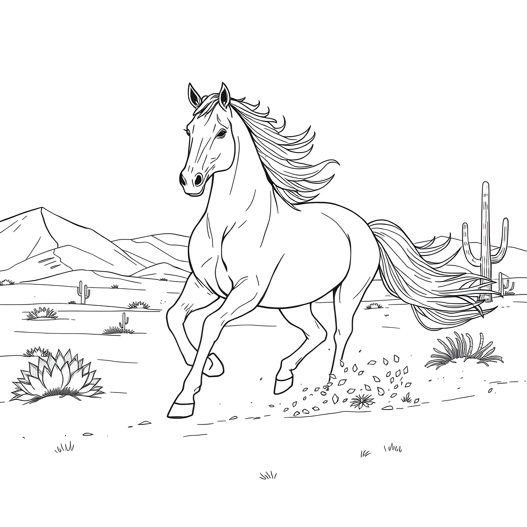 Horse galloping through the desert landscape Coloring Page (free black-and-white line drawing printable PDF for all, from beginners to advanced learners, including children, teens, adults, and seniors)