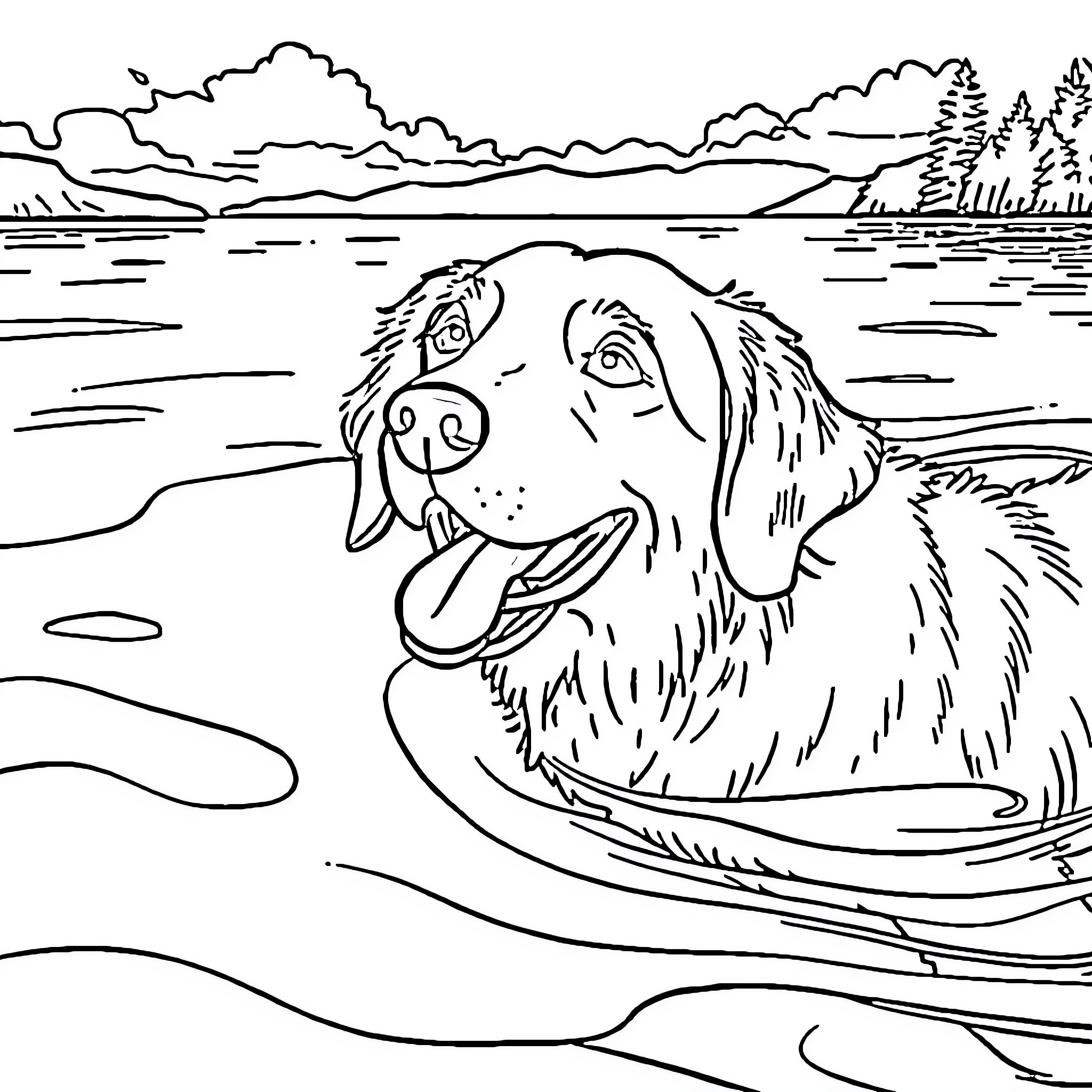 Golden Retriever swimming happily in the lake Coloring Page (free black-and-white line drawing printable PDF for all, from beginners to advanced learners, including children, teens, adults, and seniors)