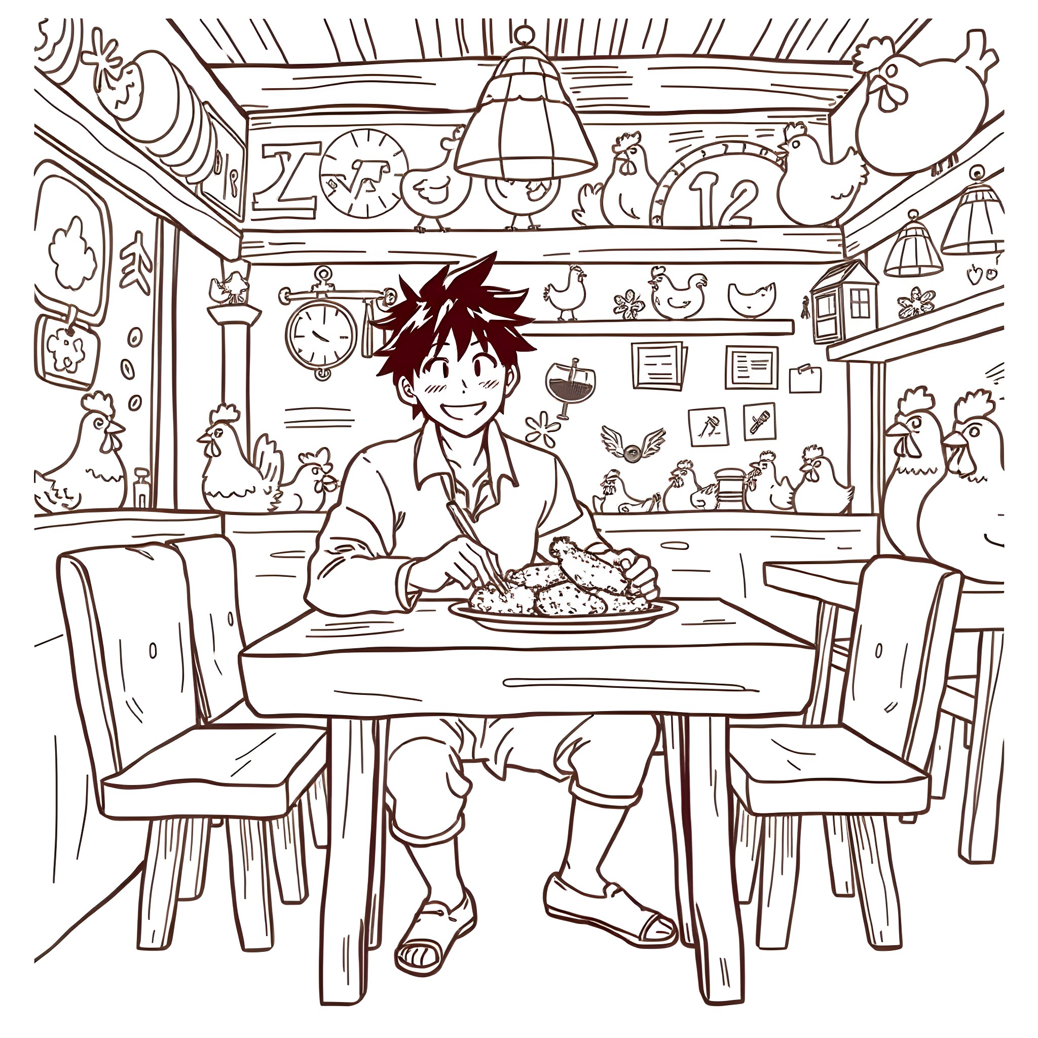 Sasuke enjoying a hearty meal in a cozy kitchen setting Coloring Page (free black-and-white line drawing printable PDF for all, from beginners to advanced learners, including children, teens, adults, and seniors)
