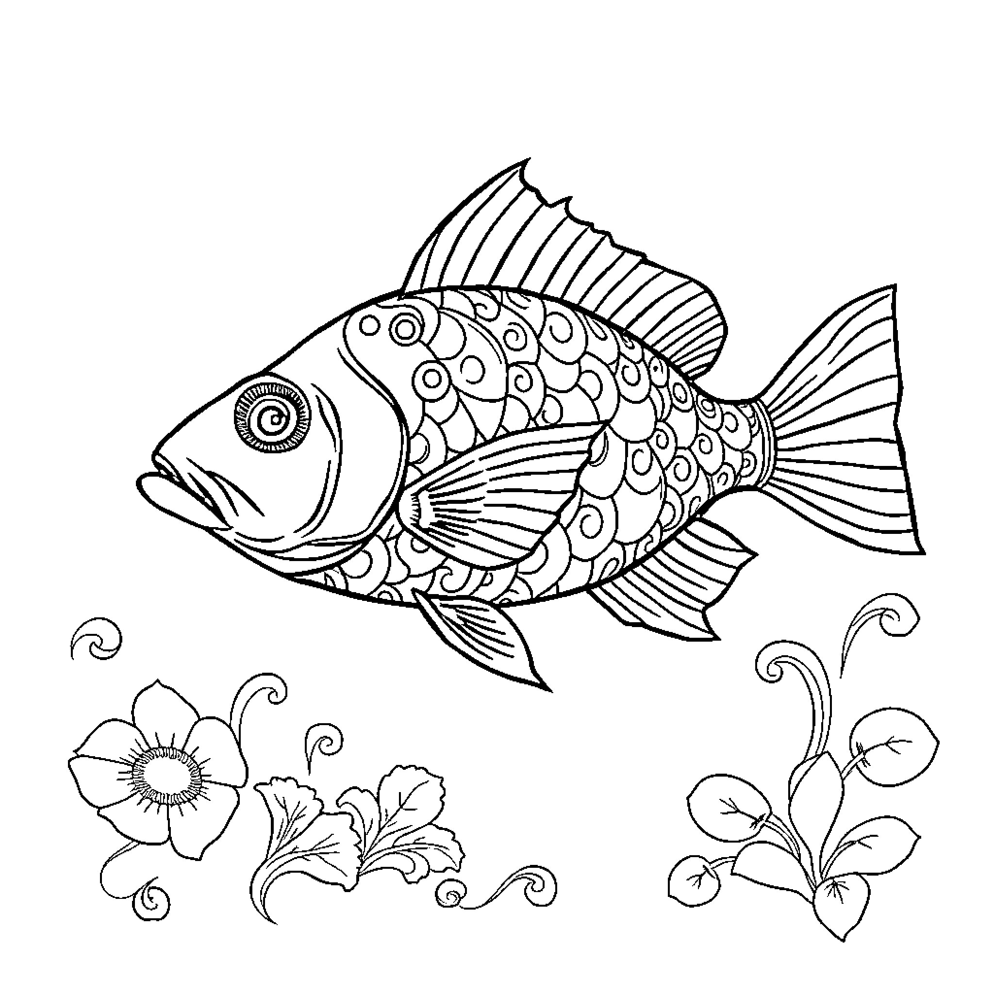 Fish Swimming Amidst Floral Patterns Coloring Page (free black-and-white line drawing printable PDF for all, from beginners to advanced learners, including children, teens, adults, and seniors)