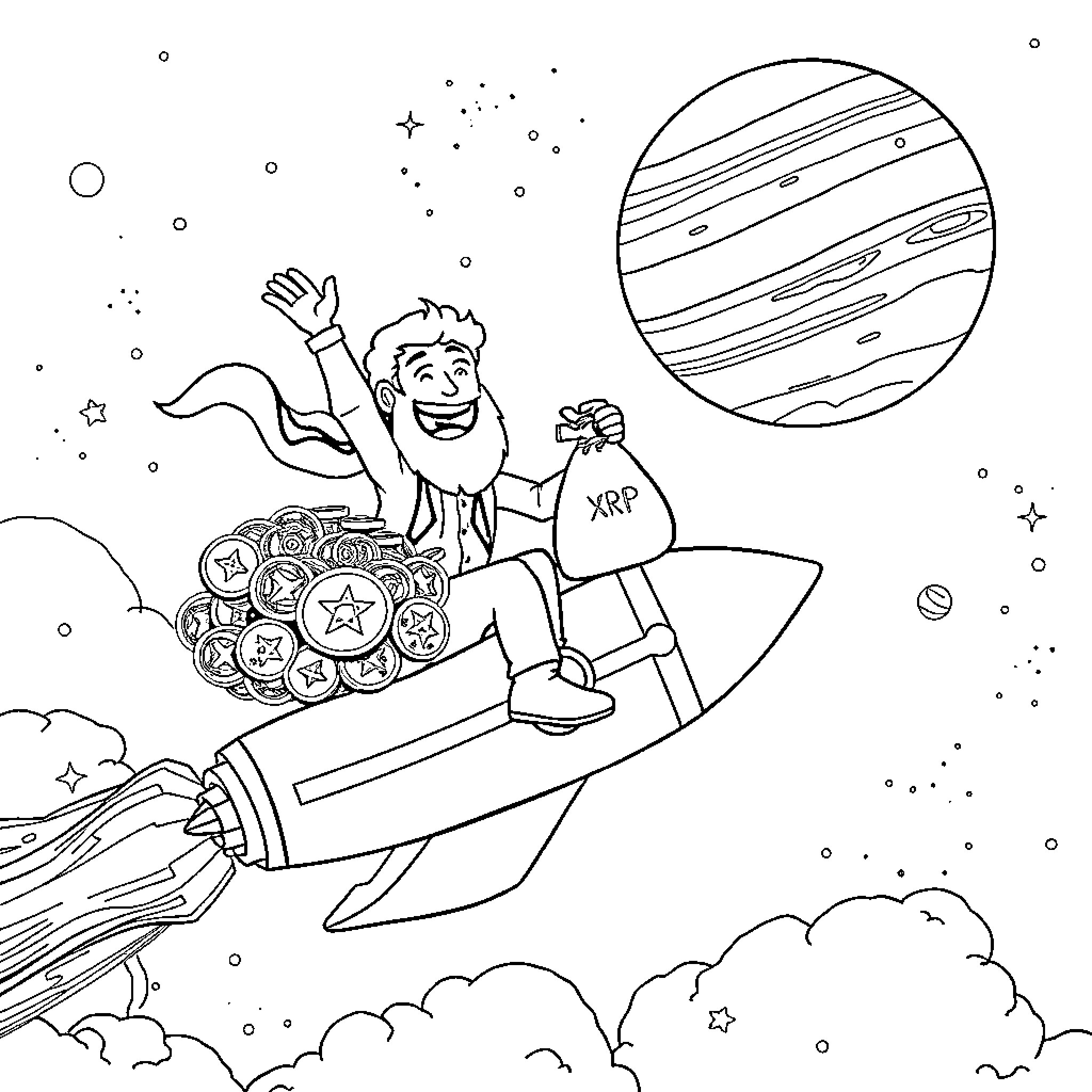 Jewish person joyfully riding a rocket with currency and symbols Coloring Page (free black-and-white line drawing printable PDF for all, from beginners to advanced learners, including children, teens, adults, and seniors)