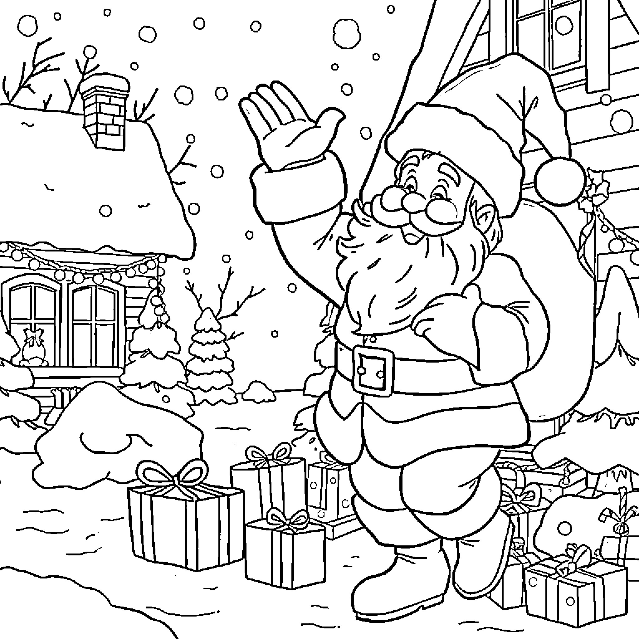 Santa Claus delivering gifts in snowy village Coloring Page (free black-and-white line drawing printable PDF for all, from beginners to advanced learners, including children, teens, adults, and seniors)