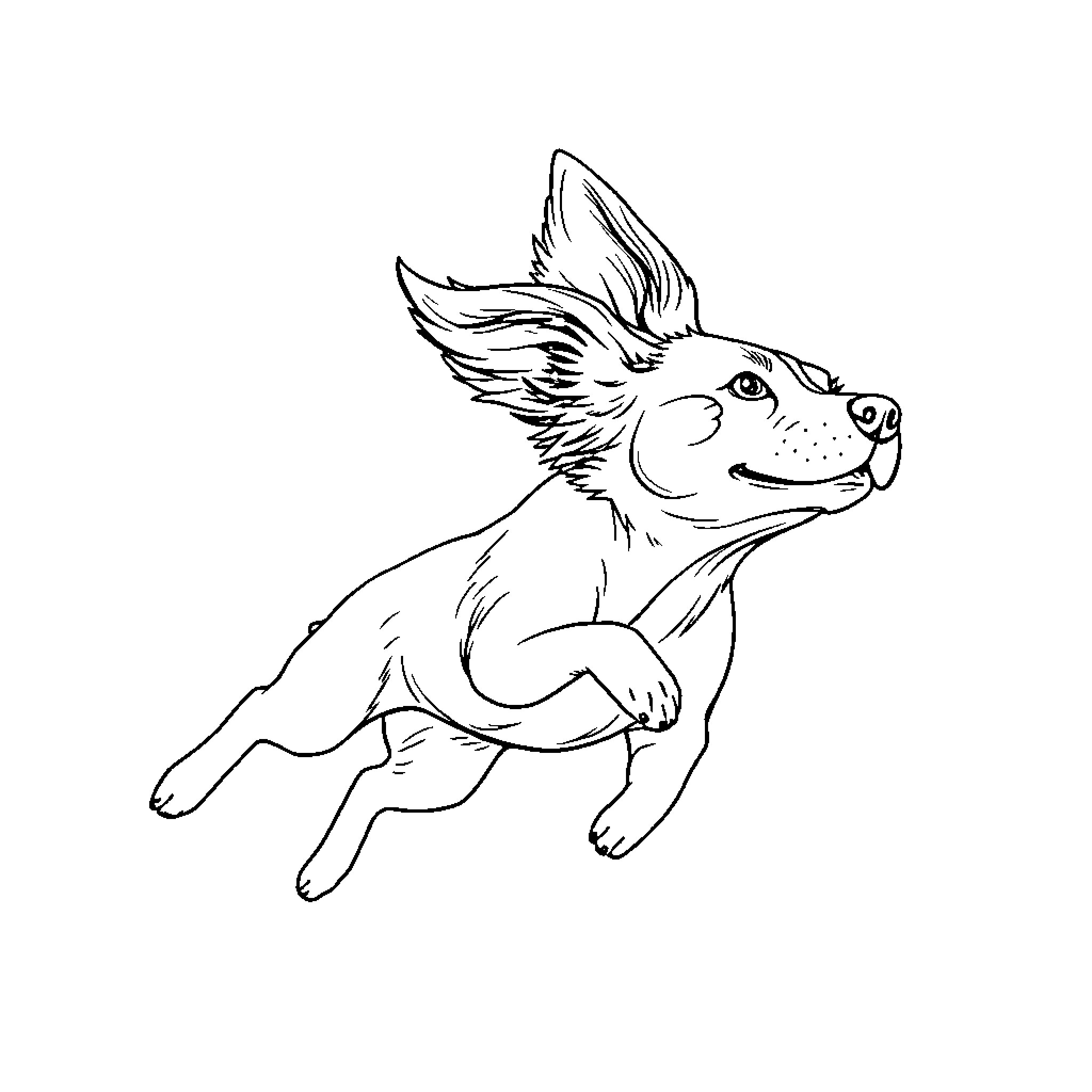 Dog flying happily through the air Coloring Page (free black-and-white line drawing printable PDF for all, from beginners to advanced learners, including children, teens, adults, and seniors)