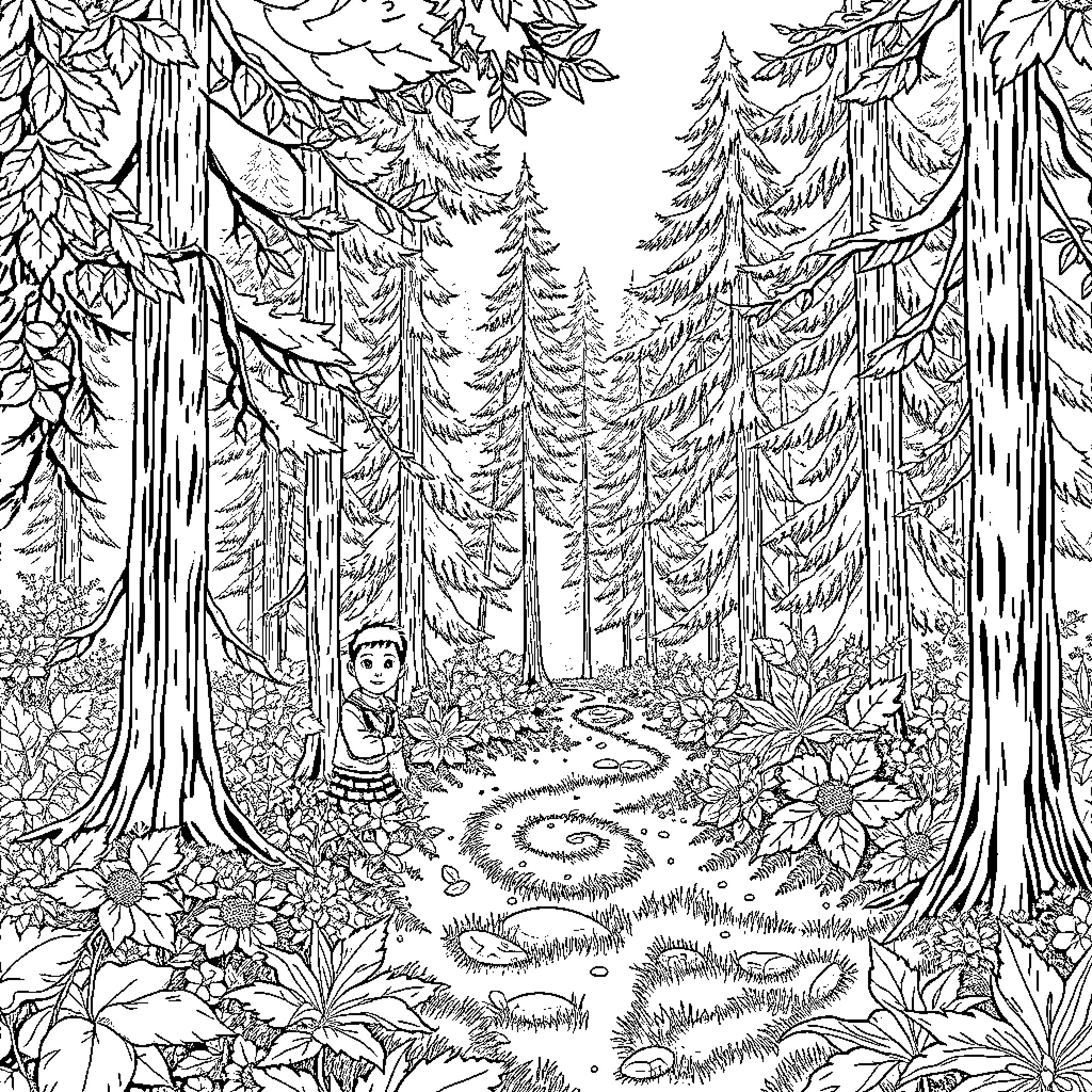 Taper through the enchanted forest Coloring Page (free black-and-white line drawing printable PDF for all, from beginners to advanced learners, including children, teens, adults, and seniors)