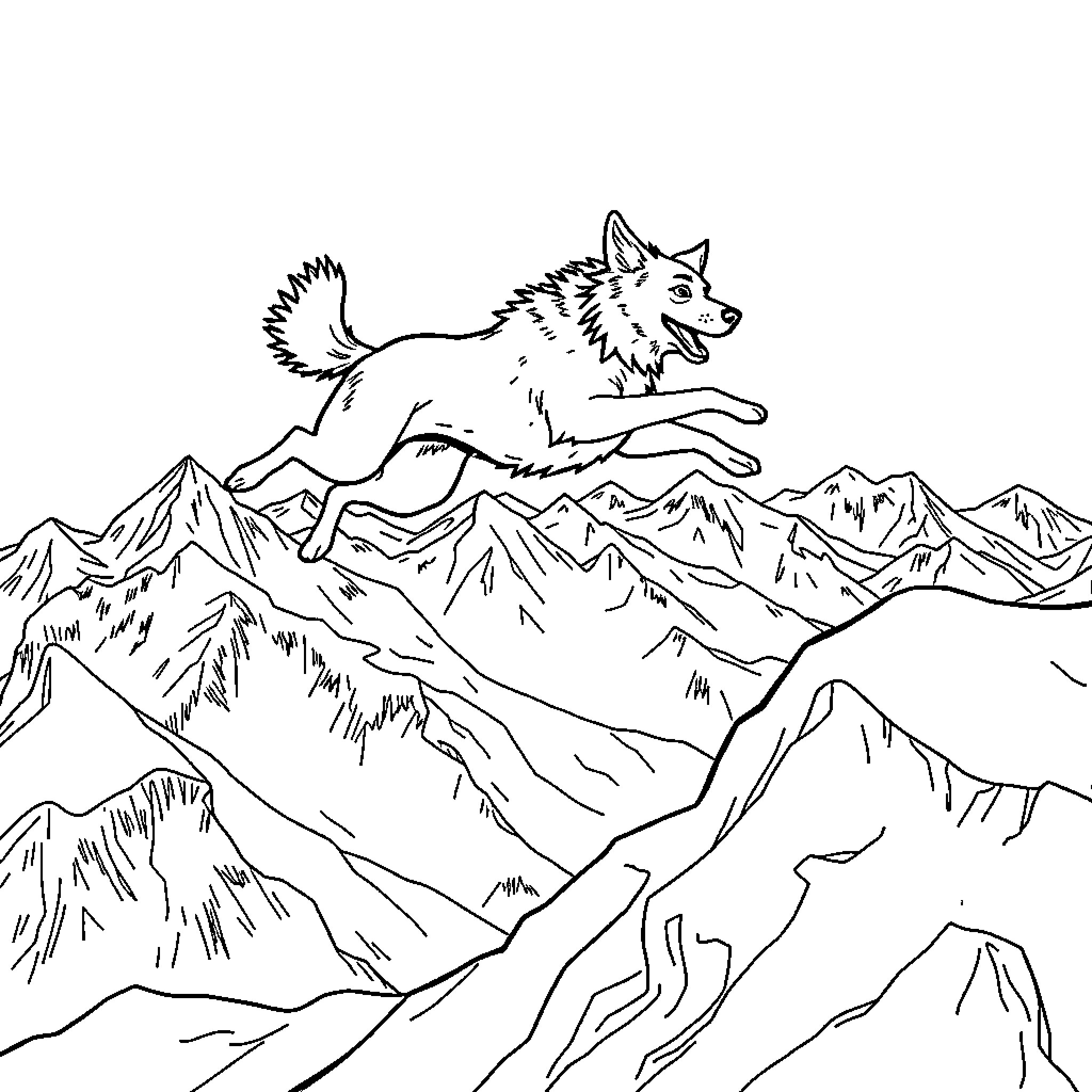 Dog running through the snowy mountains Coloring Page (free black-and-white line drawing printable PDF for all, from beginners to advanced learners, including children, teens, adults, and seniors)