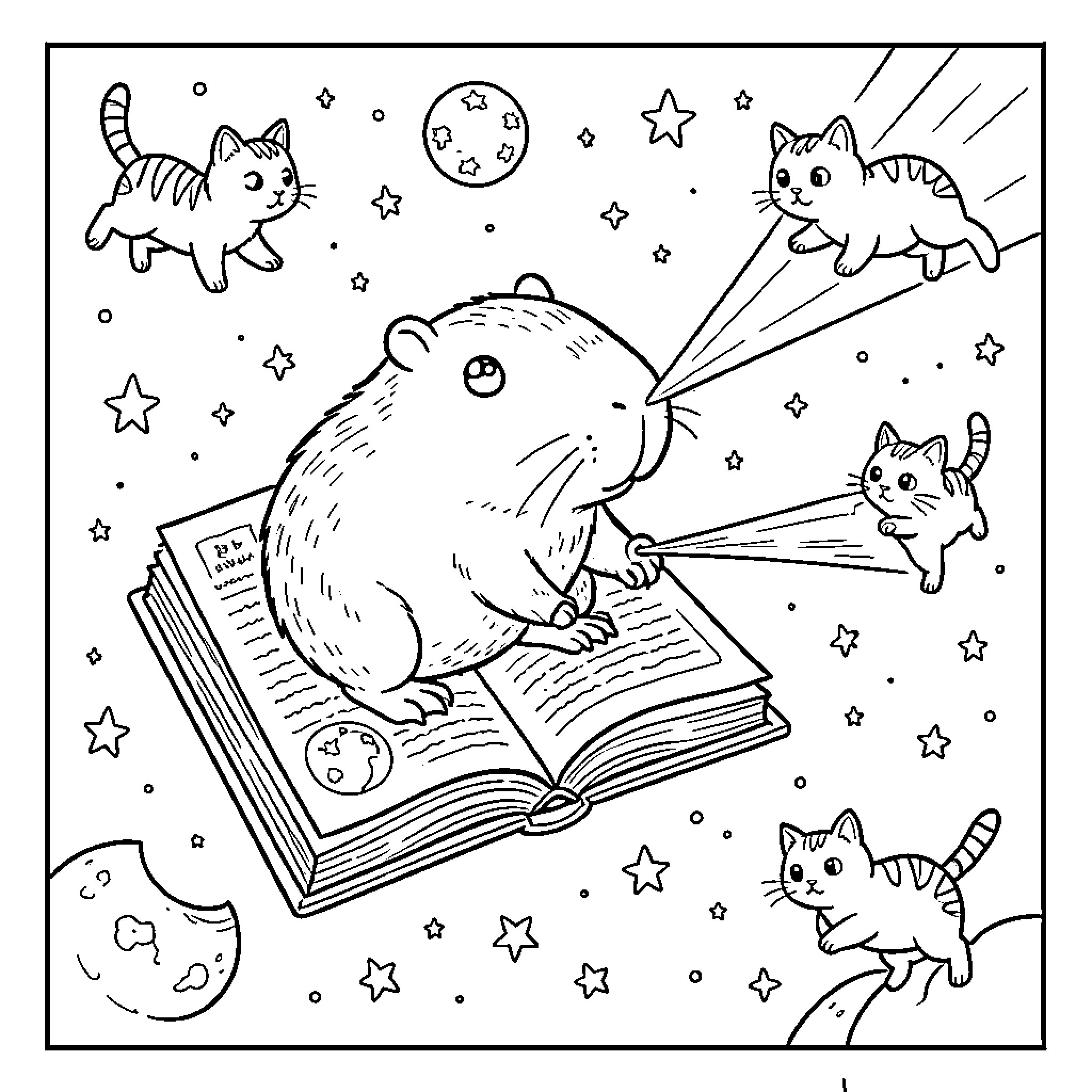 Capybara reading a book amidst floating kittens and stars Coloring Page (free black-and-white line drawing printable PDF for all, from beginners to advanced learners, including children, teens, adults, and seniors)
