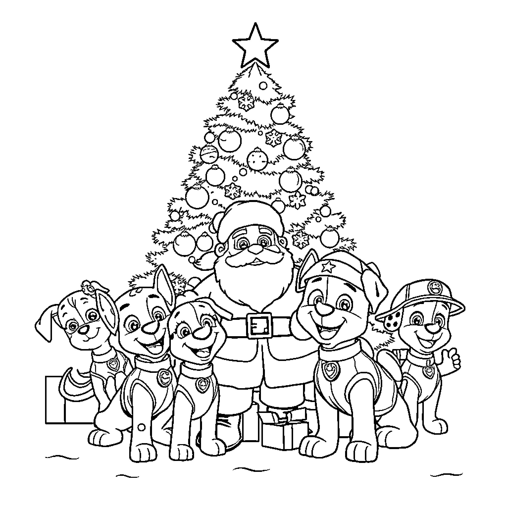 Christmas Tree with Cheerful Holiday Characters Coloring Page (free black-and-white line drawing printable PDF for all, from beginners to advanced learners, including children, teens, adults, and seniors)