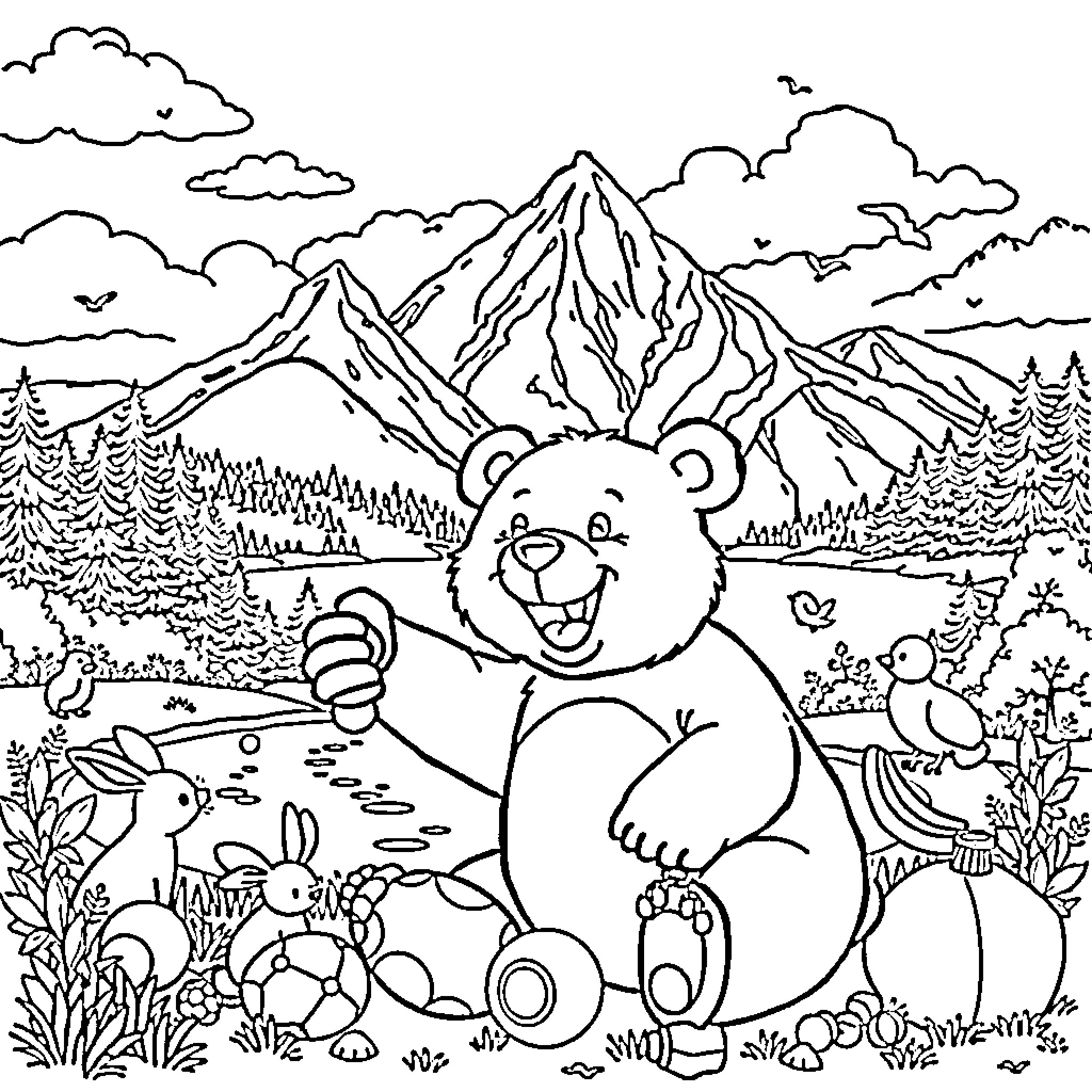 Bear enjoying nature in the mountain scenery Coloring Page (free black-and-white line drawing printable PDF for all, from beginners to advanced learners, including children, teens, adults, and seniors)