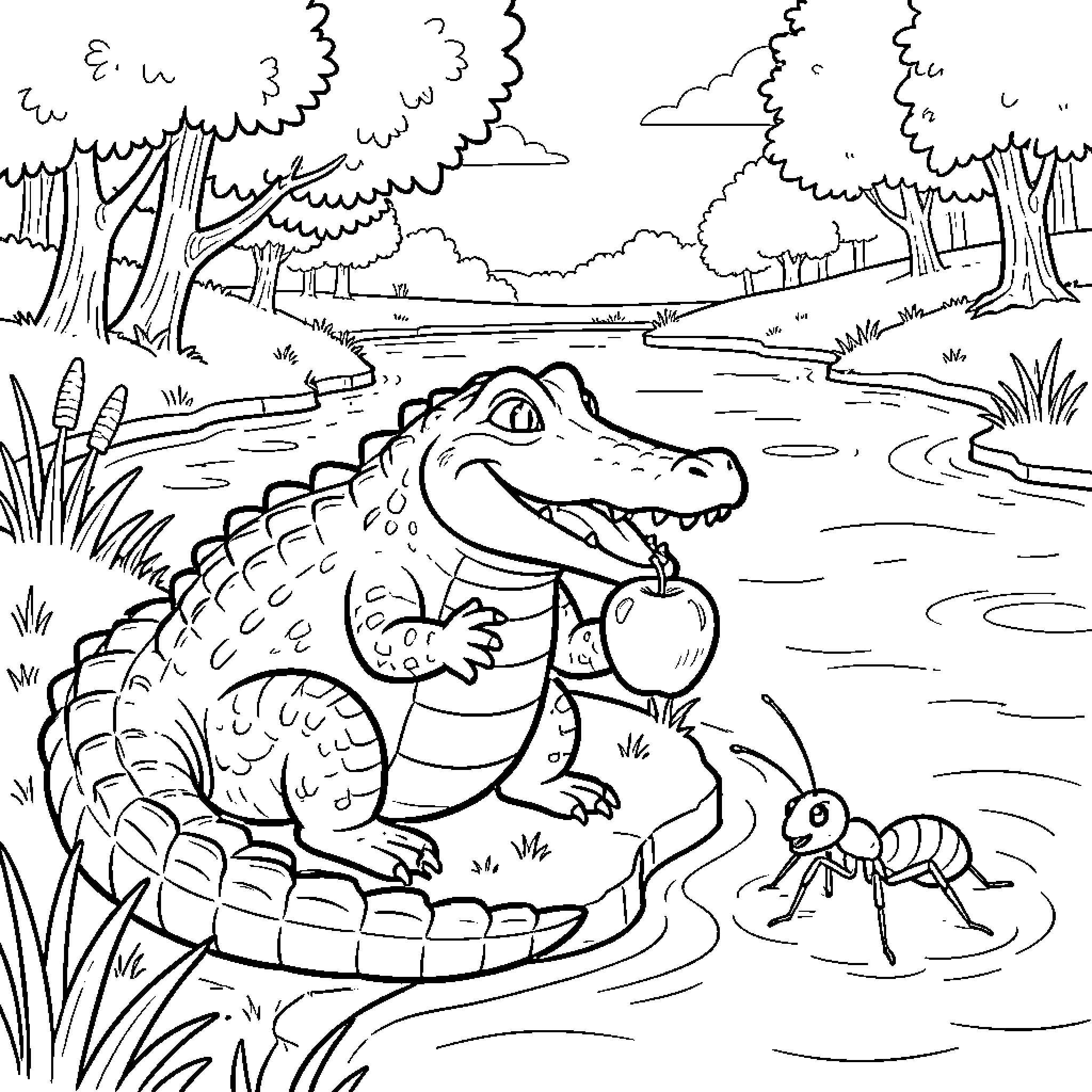Alligator enjoying a peaceful day by the swamp Coloring Page (free black-and-white line drawing printable PDF for all, from beginners to advanced learners, including children, teens, adults, and seniors)