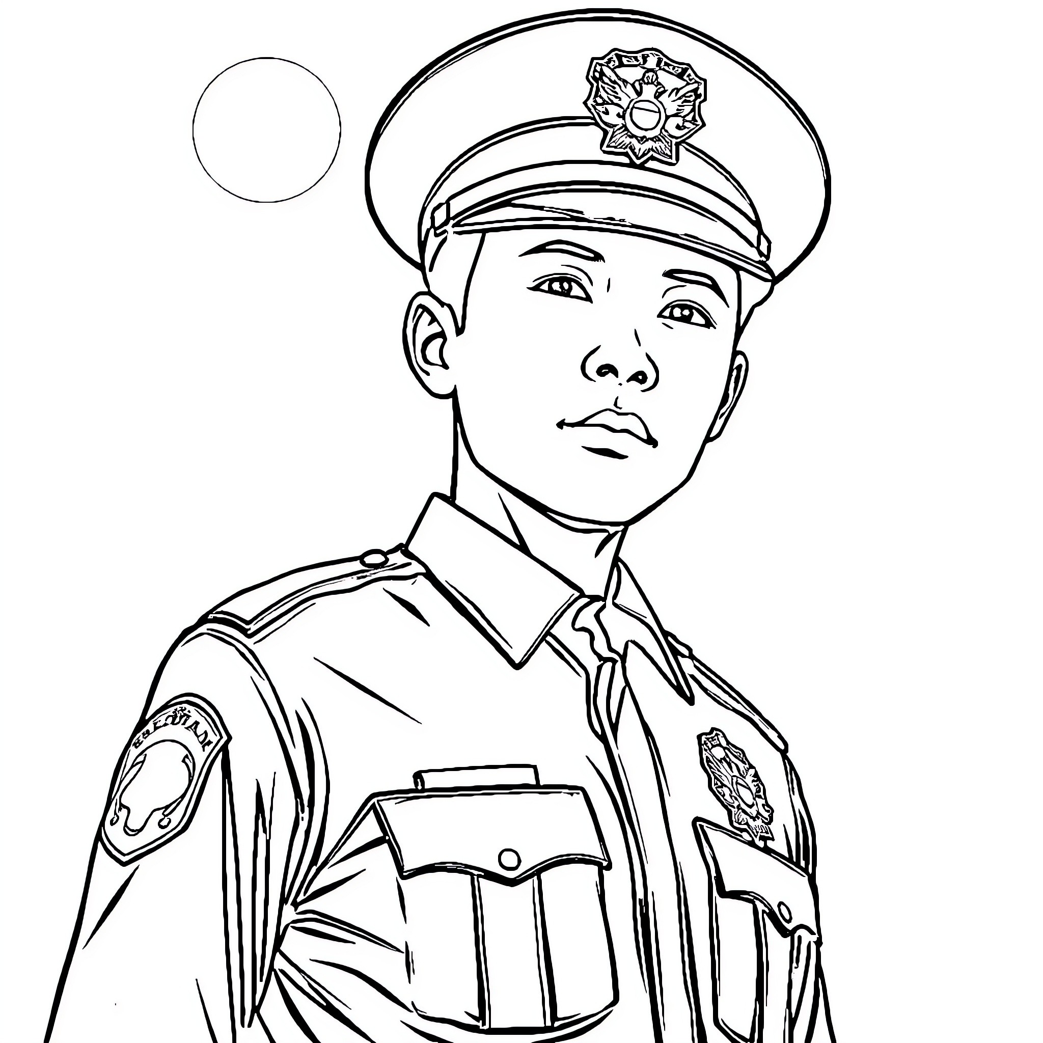 Police Officer in Uniform with Serious Expression Coloring Page (free black-and-white line drawing printable PDF for all, from beginners to advanced learners, including children, teens, adults, and seniors)