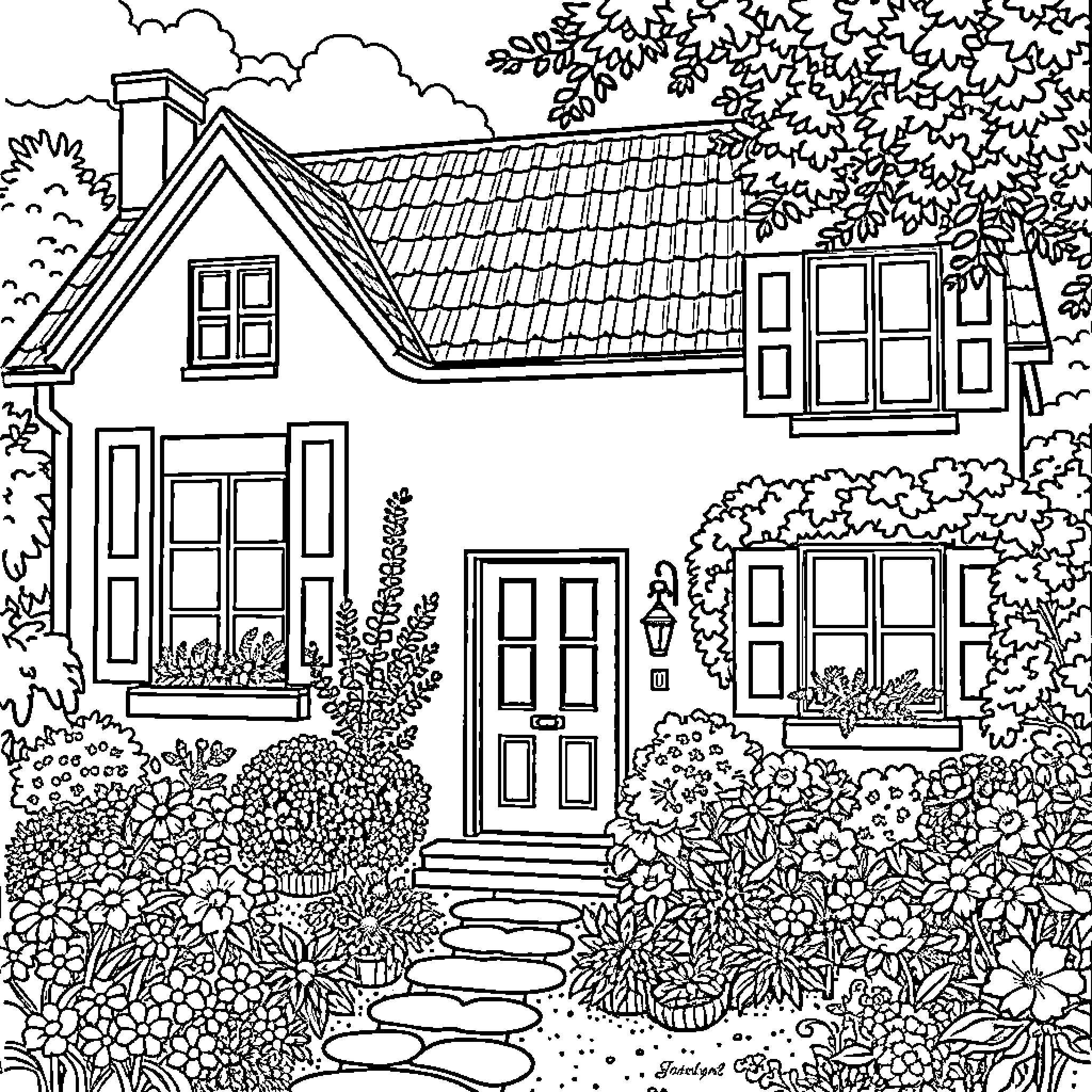 House with Charming Details in a Lush Garden Coloring Page (free black-and-white line drawing printable PDF for all, from beginners to advanced learners, including children, teens, adults, and seniors)