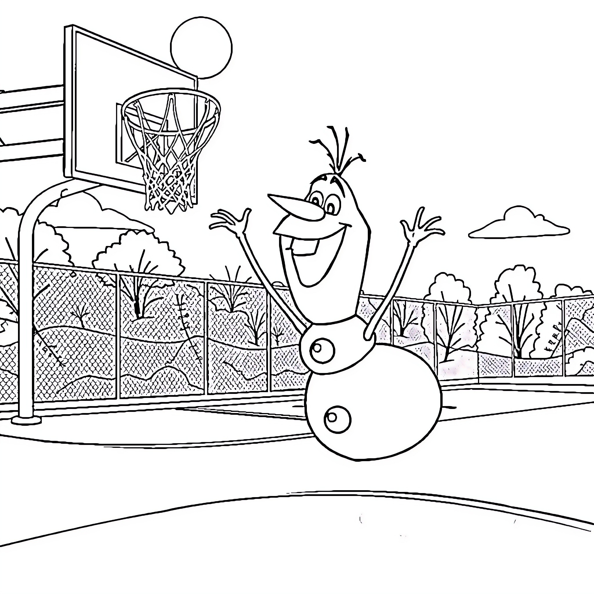 Olaf playing basketball outdoors on a sunny day Coloring Page (free black-and-white line drawing printable PDF for all, from beginners to advanced learners, including children, teens, adults, and seniors)