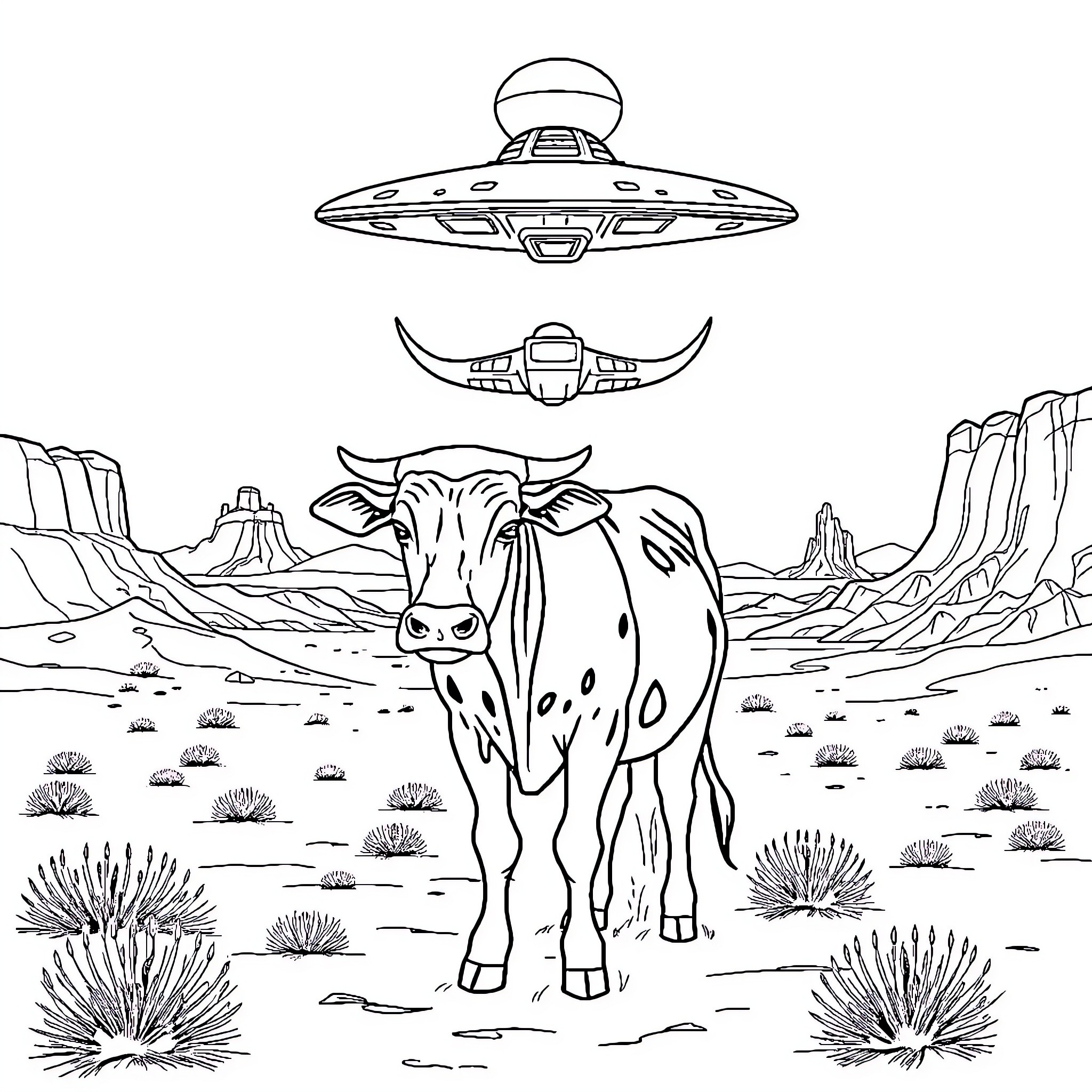Cow encountering a peculiar flying saucer Coloring Page (free black-and-white line drawing printable PDF for all, from beginners to advanced learners, including children, teens, adults, and seniors)