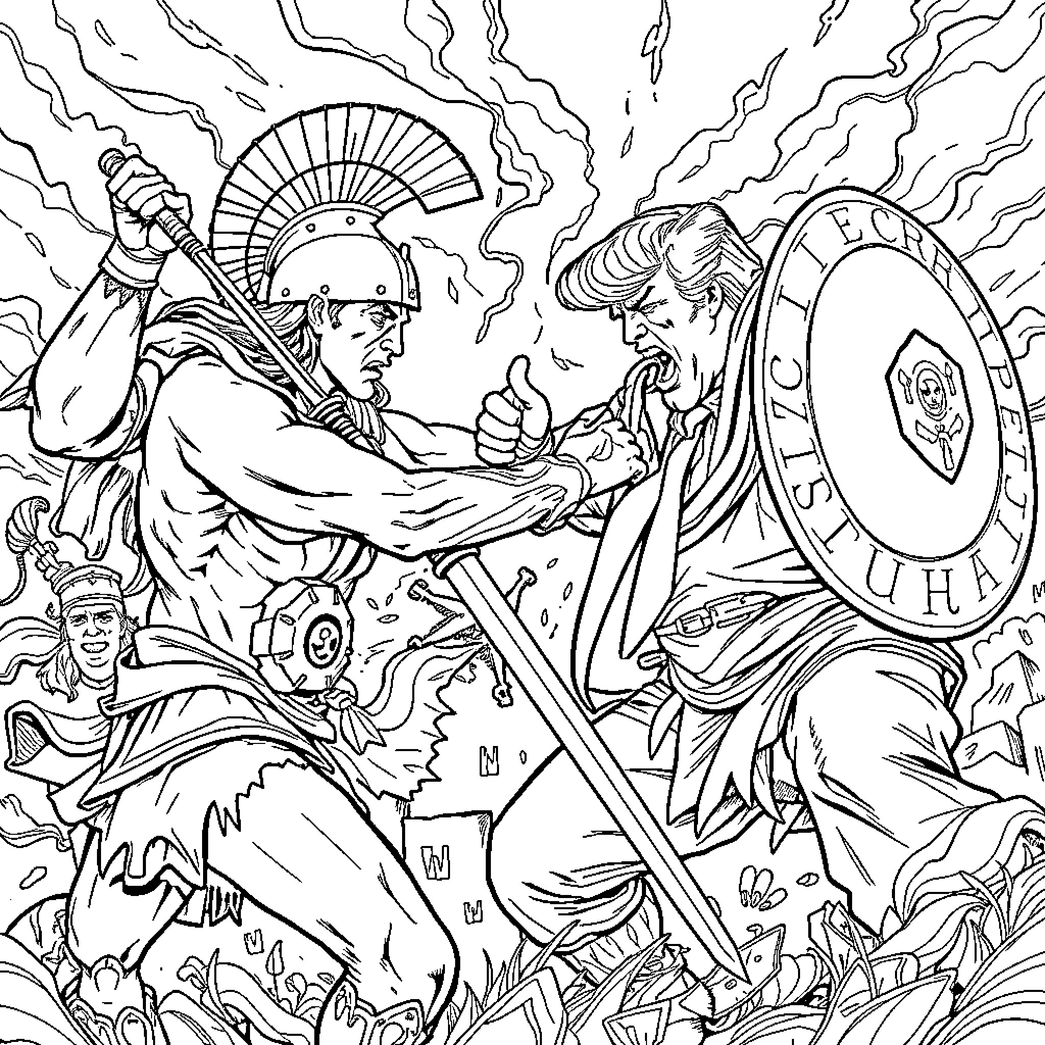 Achilles' Heroic Clash on the Battlefield Coloring Page (free black-and-white line drawing printable PDF for all, from beginners to advanced learners, including children, teens, adults, and seniors)