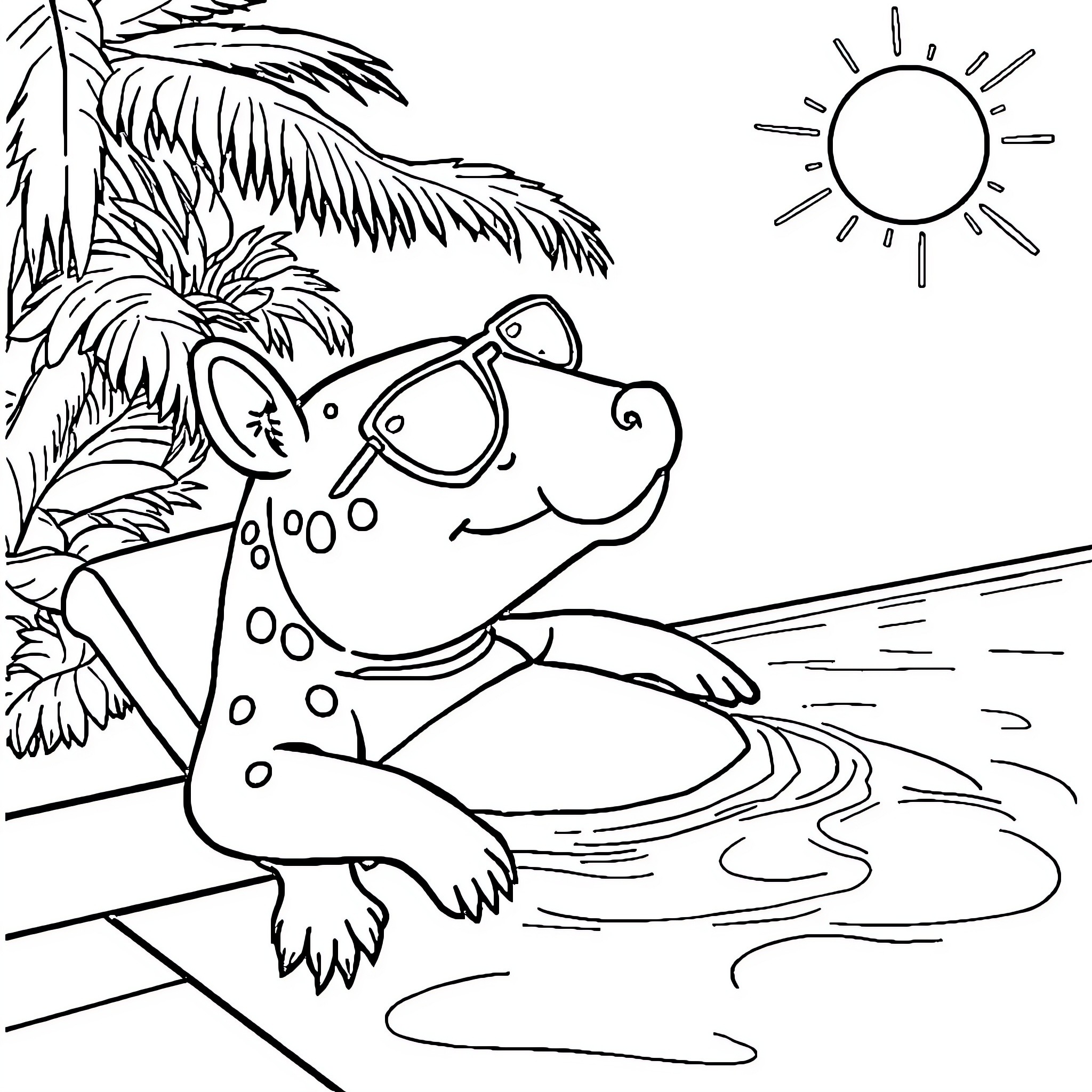 Capybara relaxing in the sun by the water Coloring Page (free black-and-white line drawing printable PDF for all, from beginners to advanced learners, including children, teens, adults, and seniors)