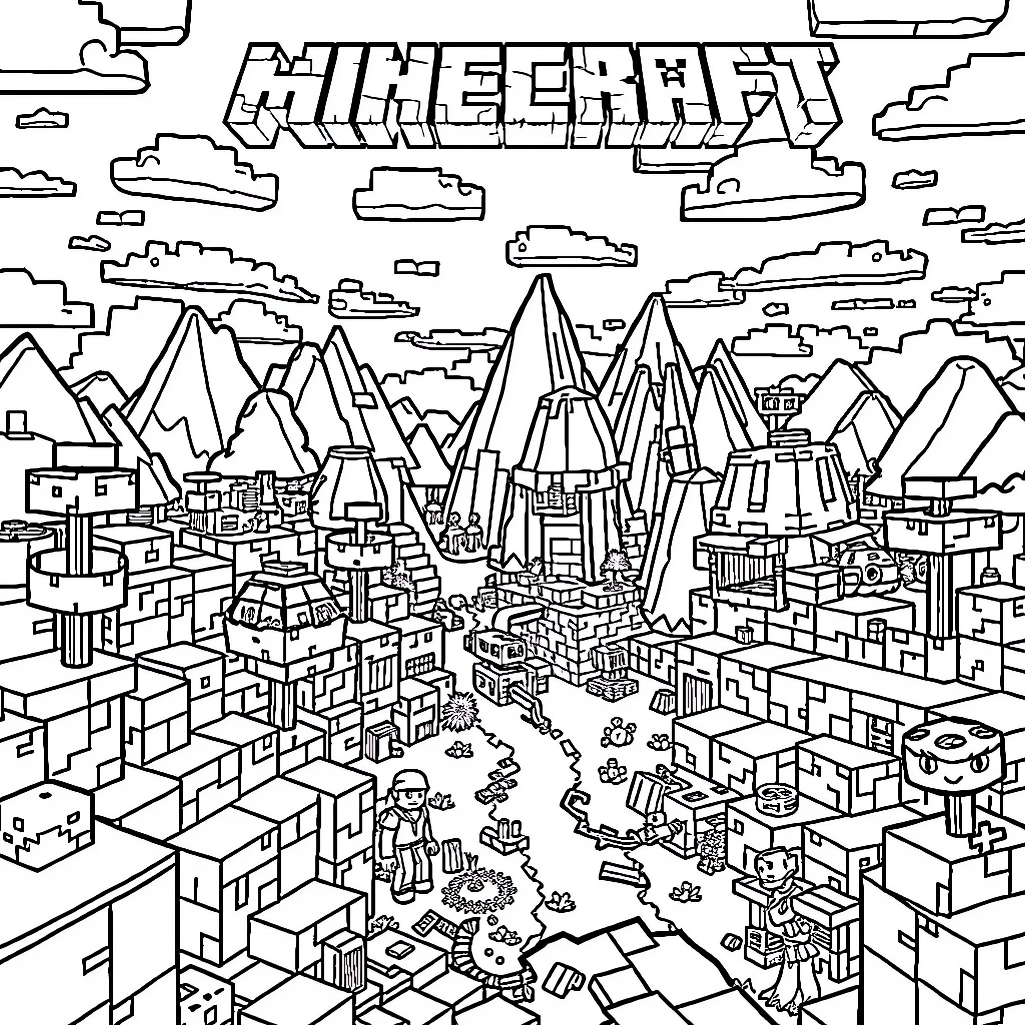 Minecraft Village Landscape with Mountains Coloring Page (free black-and-white line drawing printable PDF for all, from beginners to advanced learners, including children, teens, adults, and seniors)