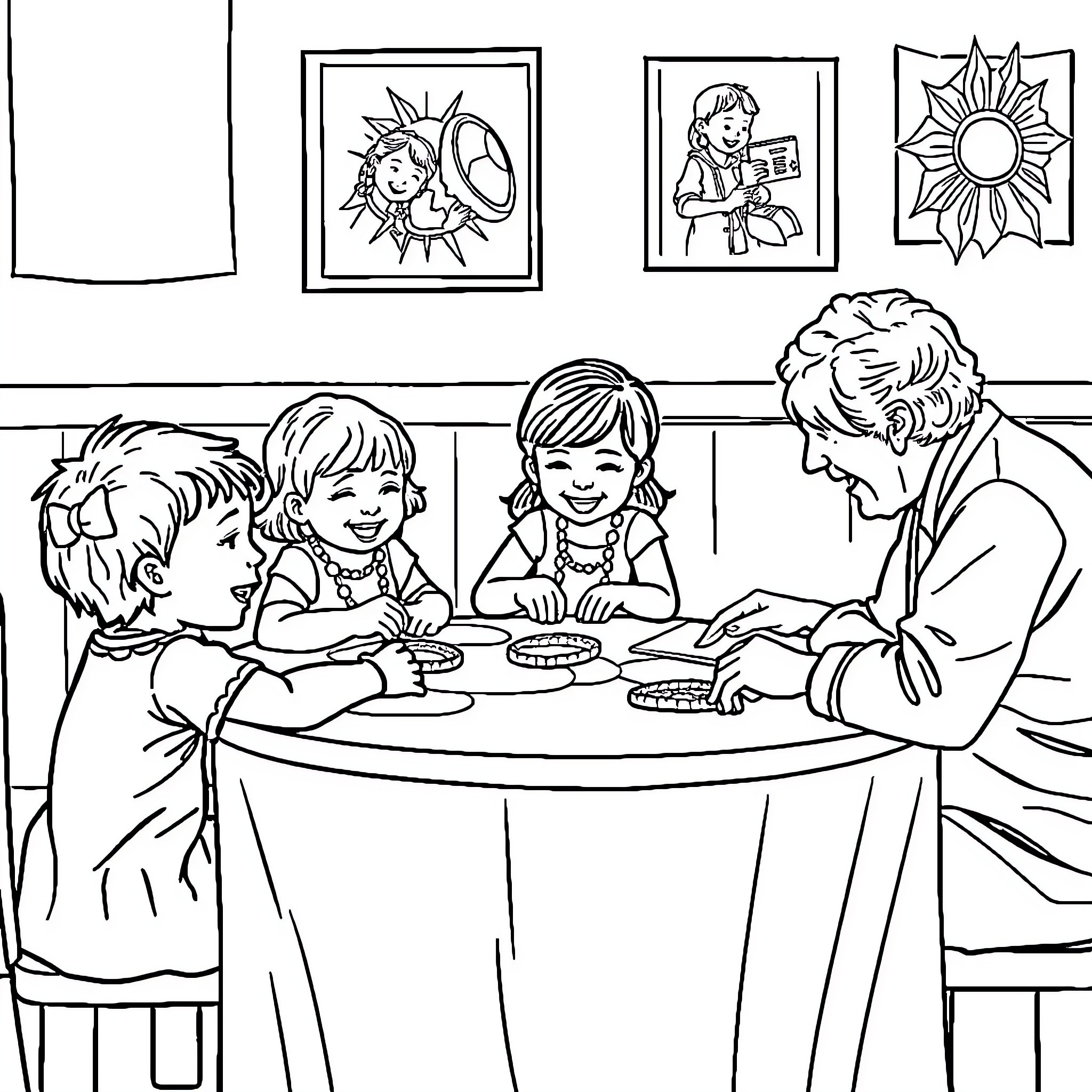 Child's Family Dinner Together Coloring Page (free black-and-white line drawing printable PDF for all, from beginners to advanced learners, including children, teens, adults, and seniors)