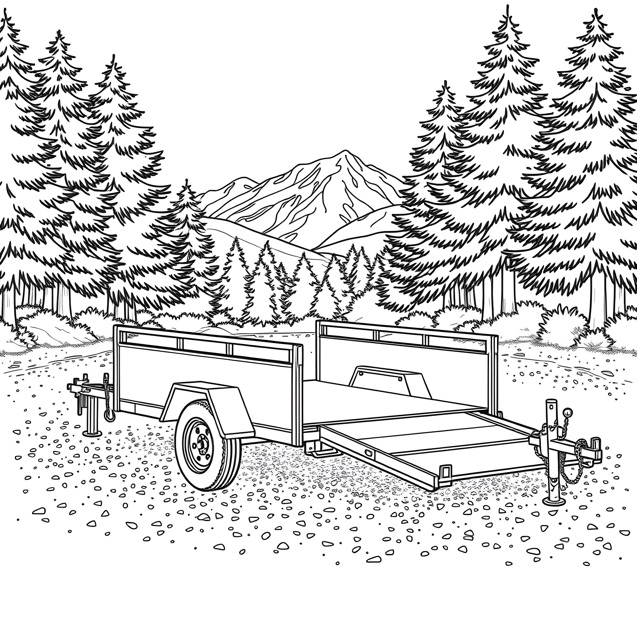Car Trailer in Snowy Mountain Landscape Coloring Page (free black-and-white line drawing printable PDF for all, from beginners to advanced learners, including children, teens, adults, and seniors)