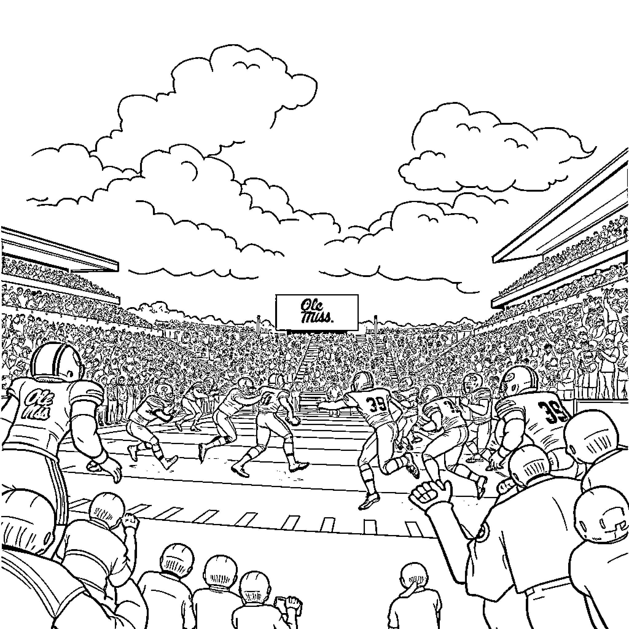 Football game in crowded stadium with players and spectators Coloring Page (free black-and-white line drawing printable PDF for all, from beginners to advanced learners, including children, teens, adults, and seniors)