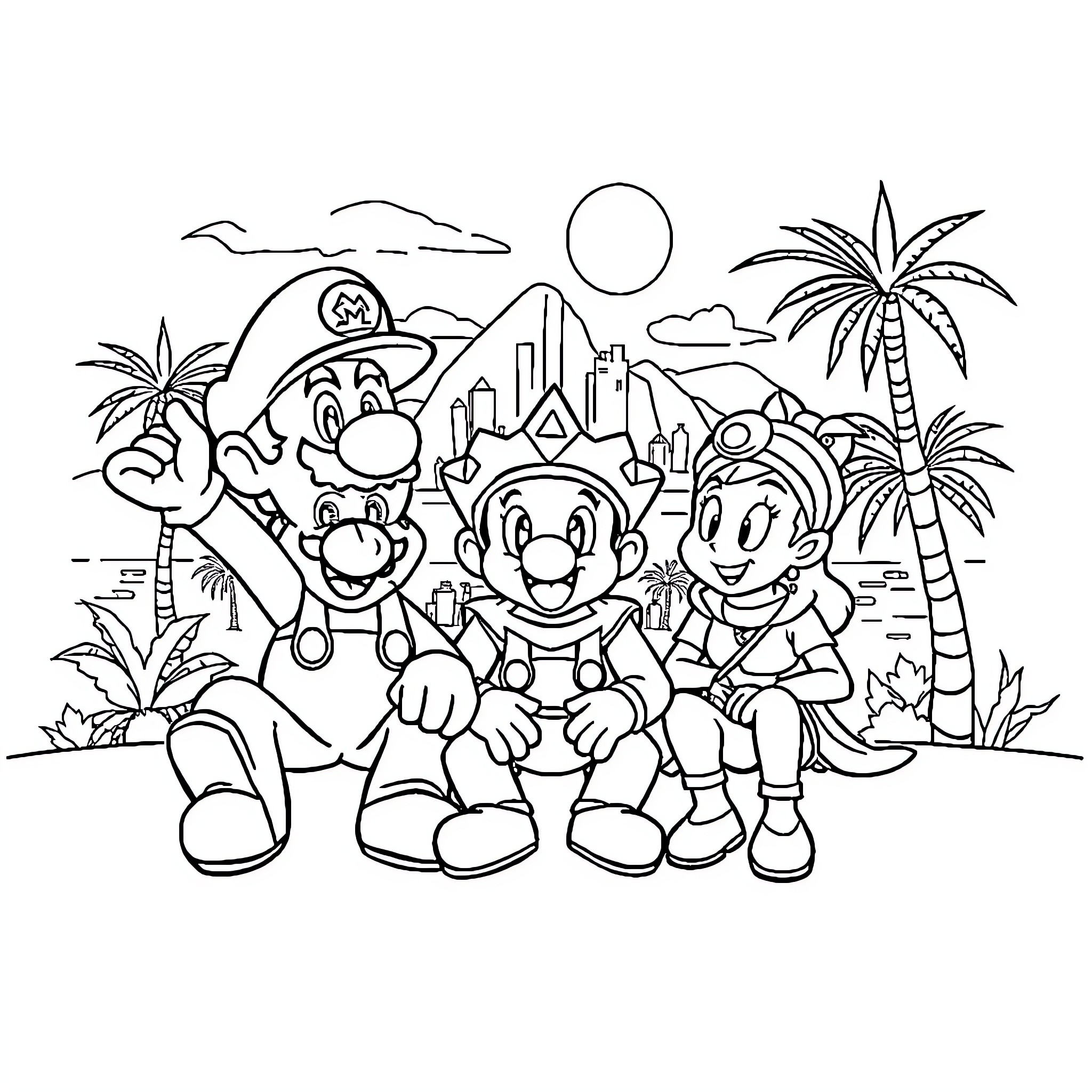 Mario and Friends on a Tropical Adventure Coloring Page (free black-and-white line drawing printable PDF for all, from beginners to advanced learners, including children, teens, adults, and seniors)