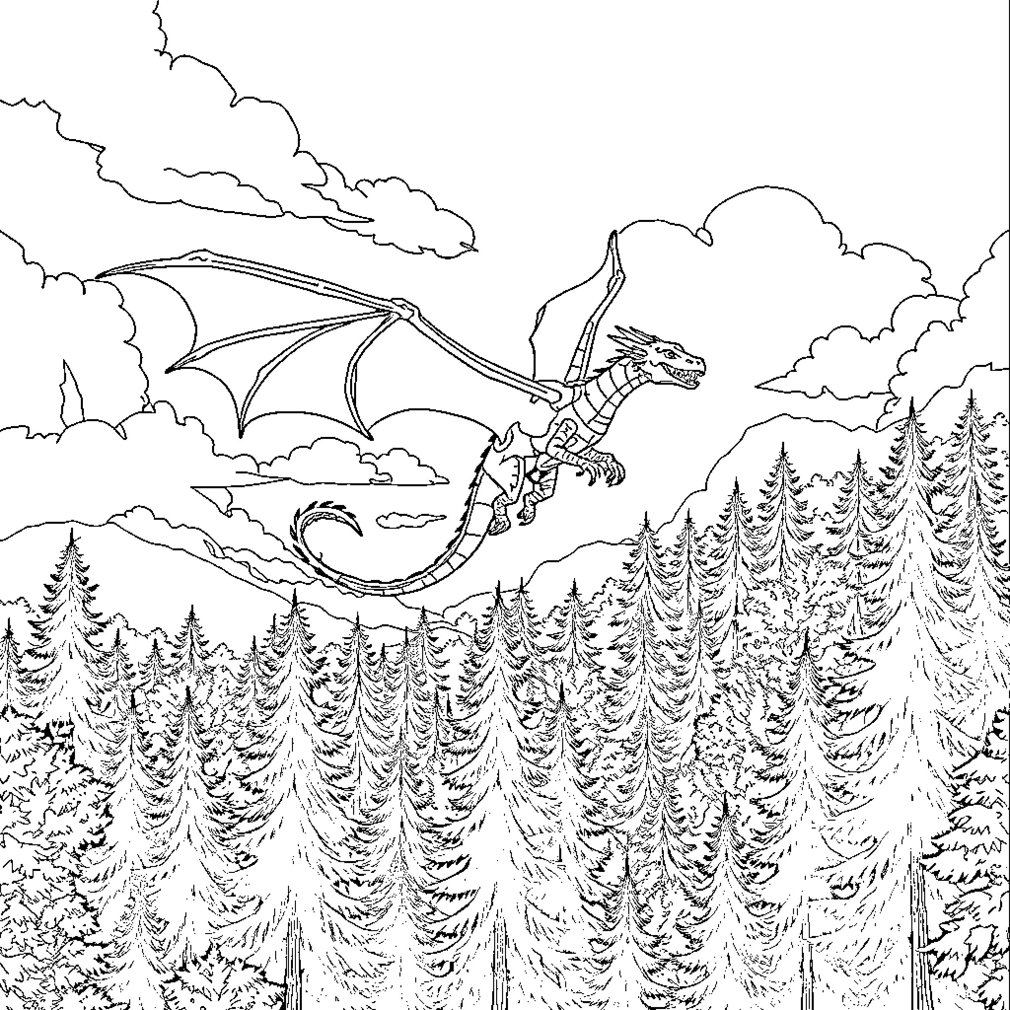 Dragon soaring over a forest landscape Coloring Page (free black-and-white line drawing printable PDF for all, from beginners to advanced learners, including children, teens, adults, and seniors)