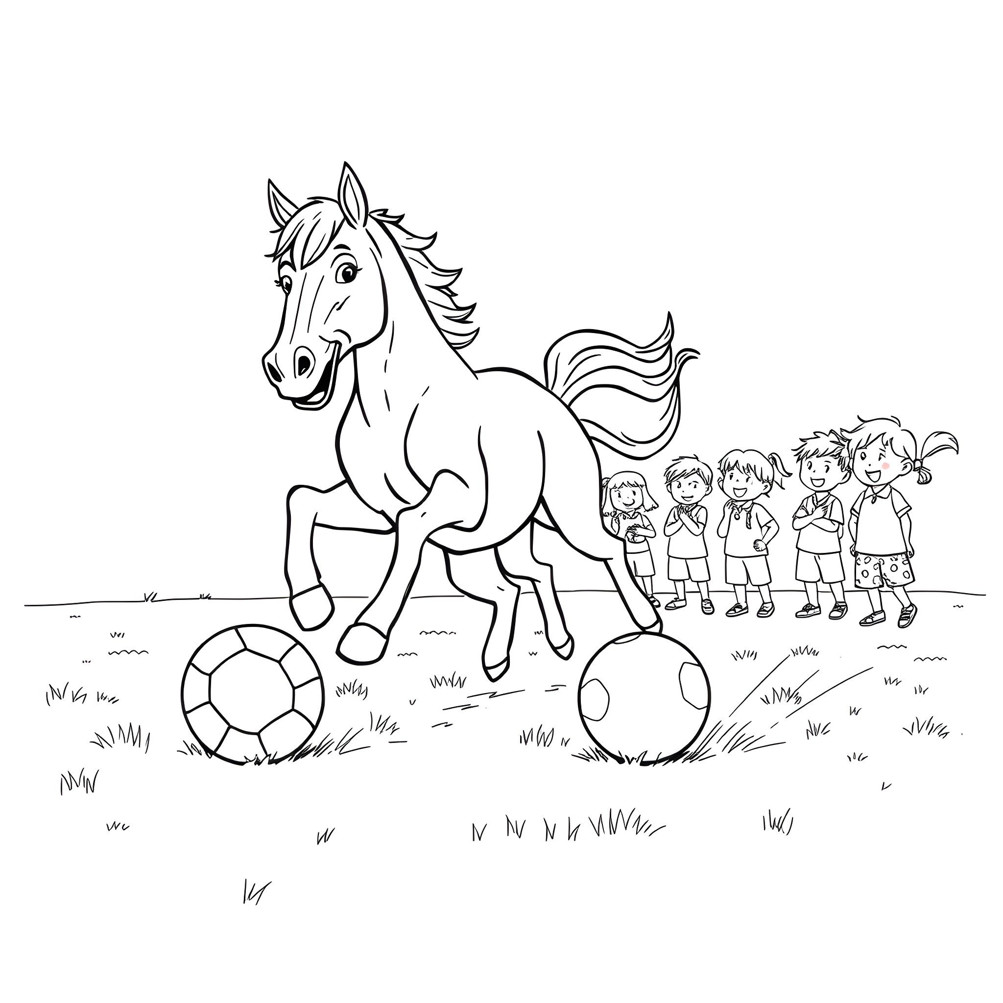 Horse playfully galloping with children in a field Coloring Page (free black-and-white line drawing printable PDF for all, from beginners to advanced learners, including children, teens, adults, and seniors)