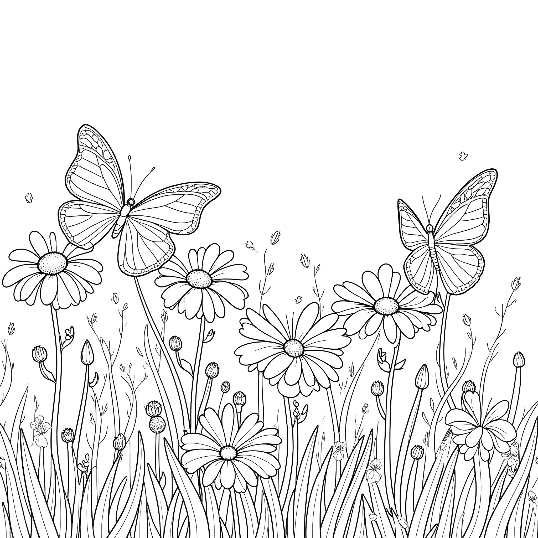 Butterfly garden with flowers and butterflies Coloring Page (free black-and-white line drawing printable PDF for all, from beginners to advanced learners, including children, teens, adults, and seniors)