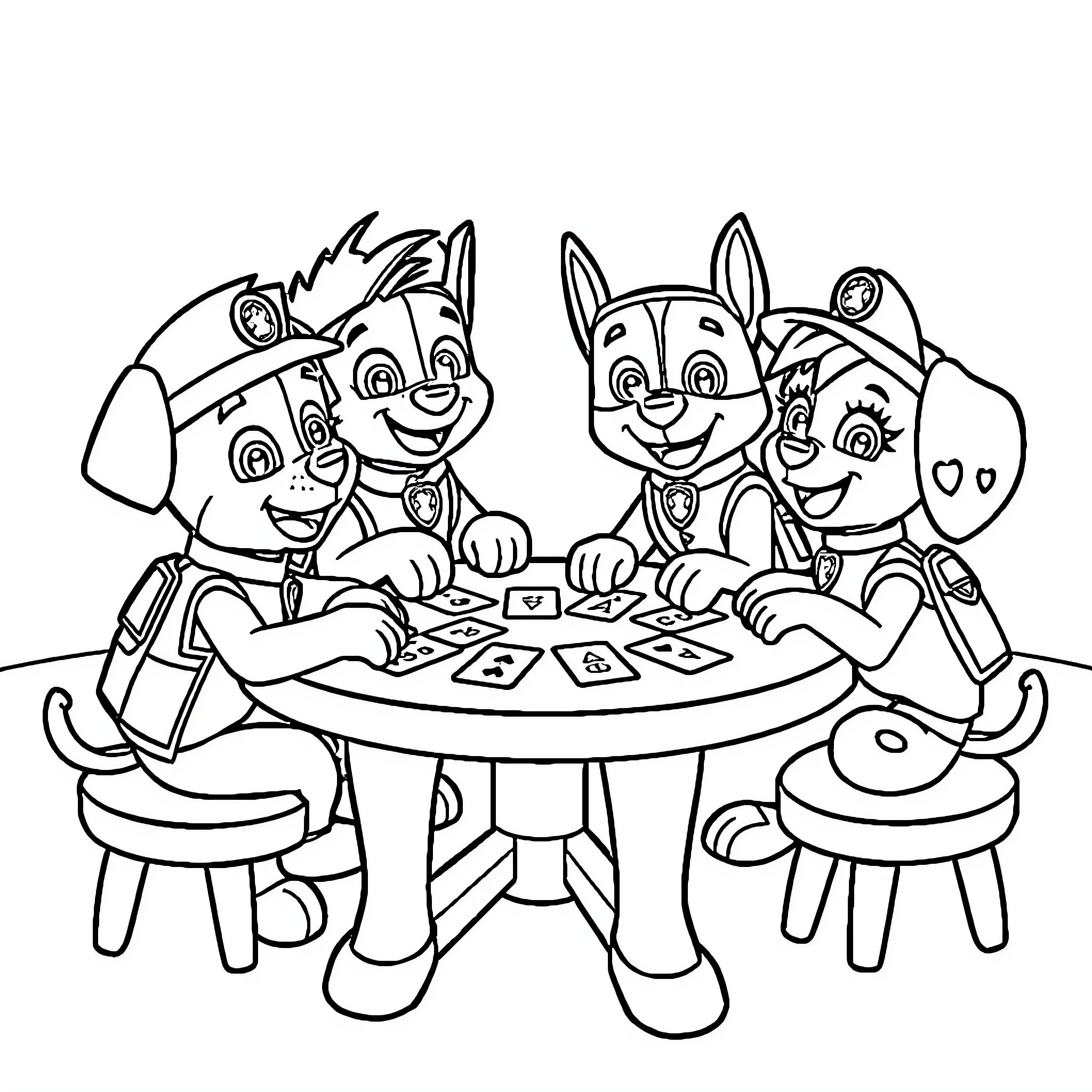 Paw Patrol Puppies Playing Cards Together Coloring Page (free black-and-white line drawing printable PDF for all, from beginners to advanced learners, including children, teens, adults, and seniors)