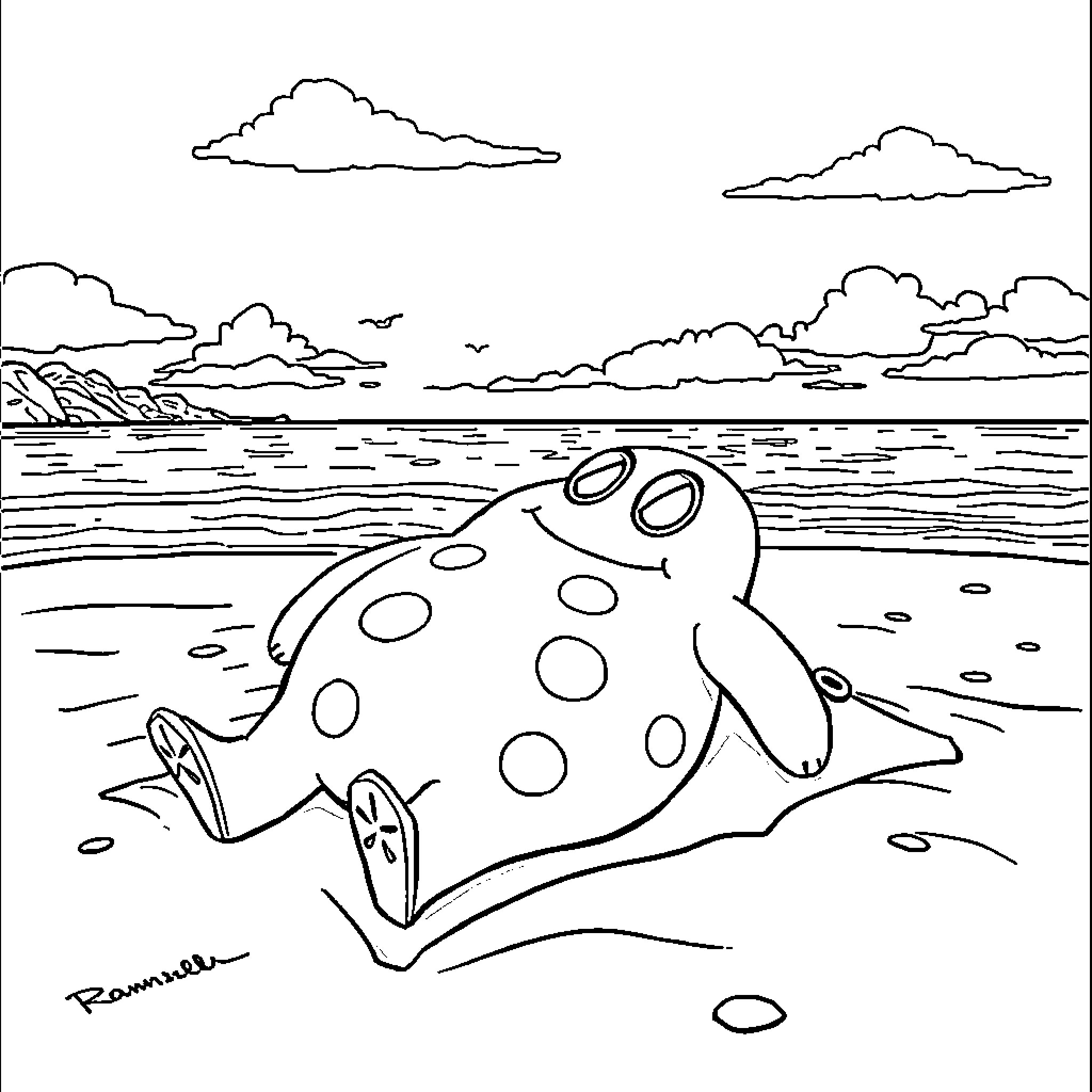 Mr Blobby relaxing on the beach Coloring Page (free black-and-white line drawing printable PDF for all, from beginners to advanced learners, including children, teens, adults, and seniors)