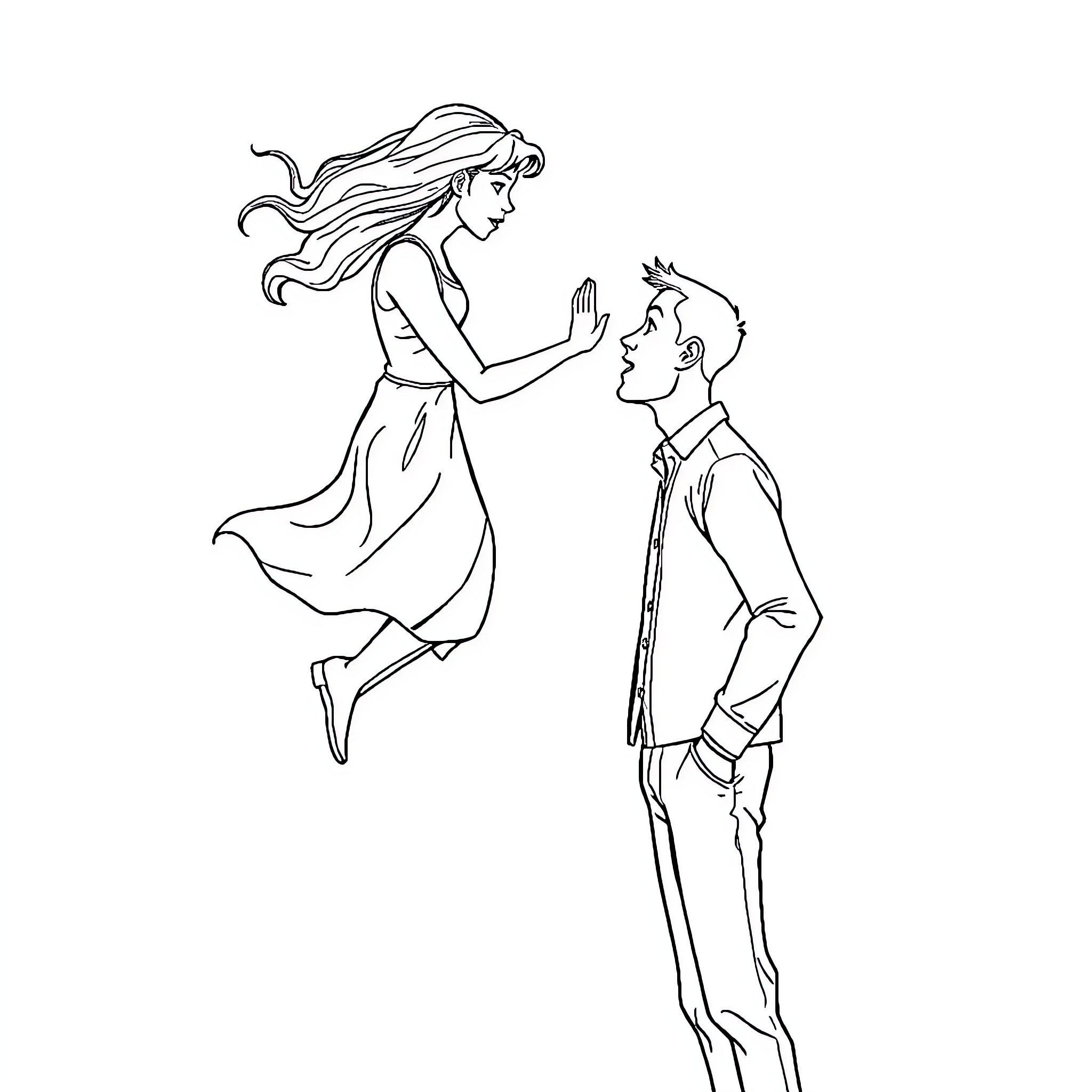 Man and woman in graceful dance Coloring Page (free black-and-white line drawing printable PDF for all, from beginners to advanced learners, including children, teens, adults, and seniors)