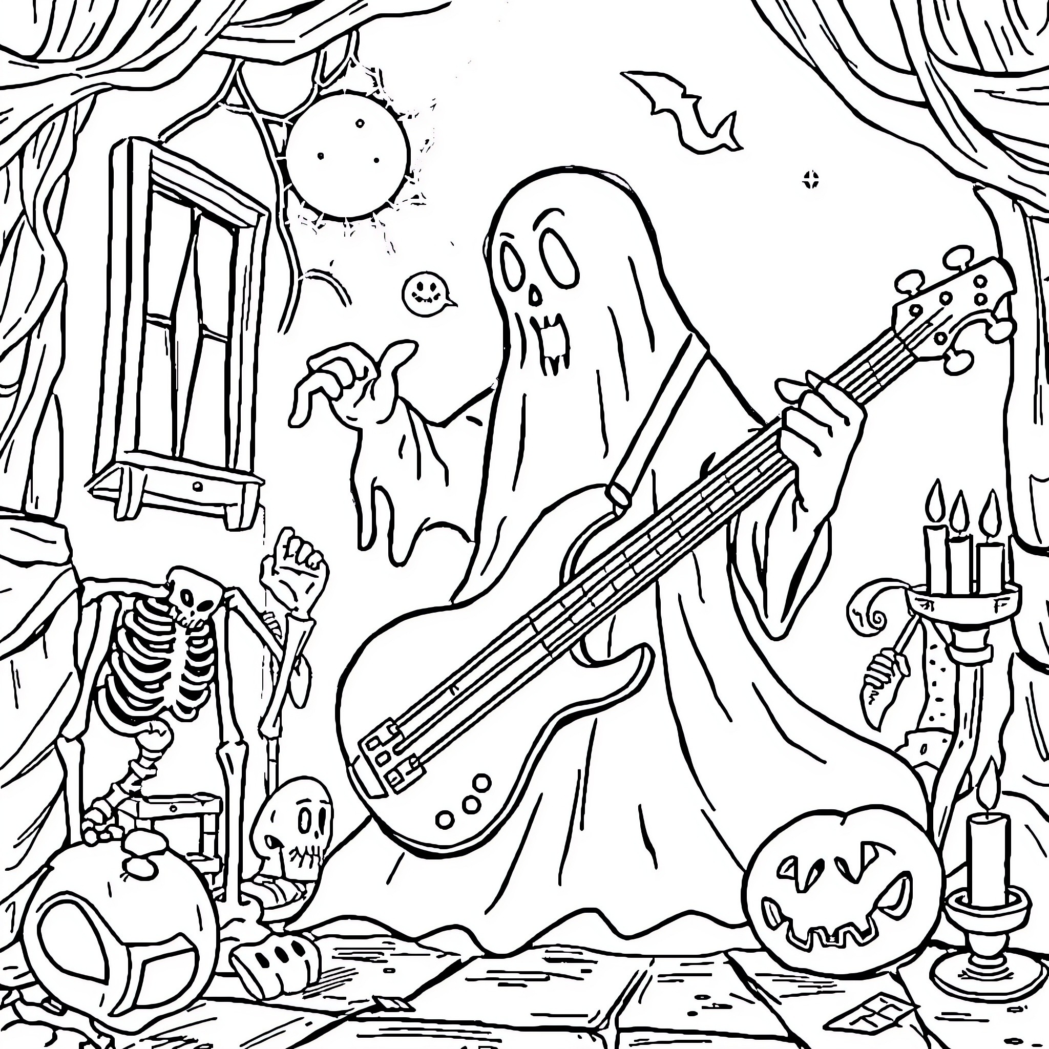 Ghost playing guitar in haunted room Coloring Page (free black-and-white line drawing printable PDF for all, from beginners to advanced learners, including children, teens, adults, and seniors)