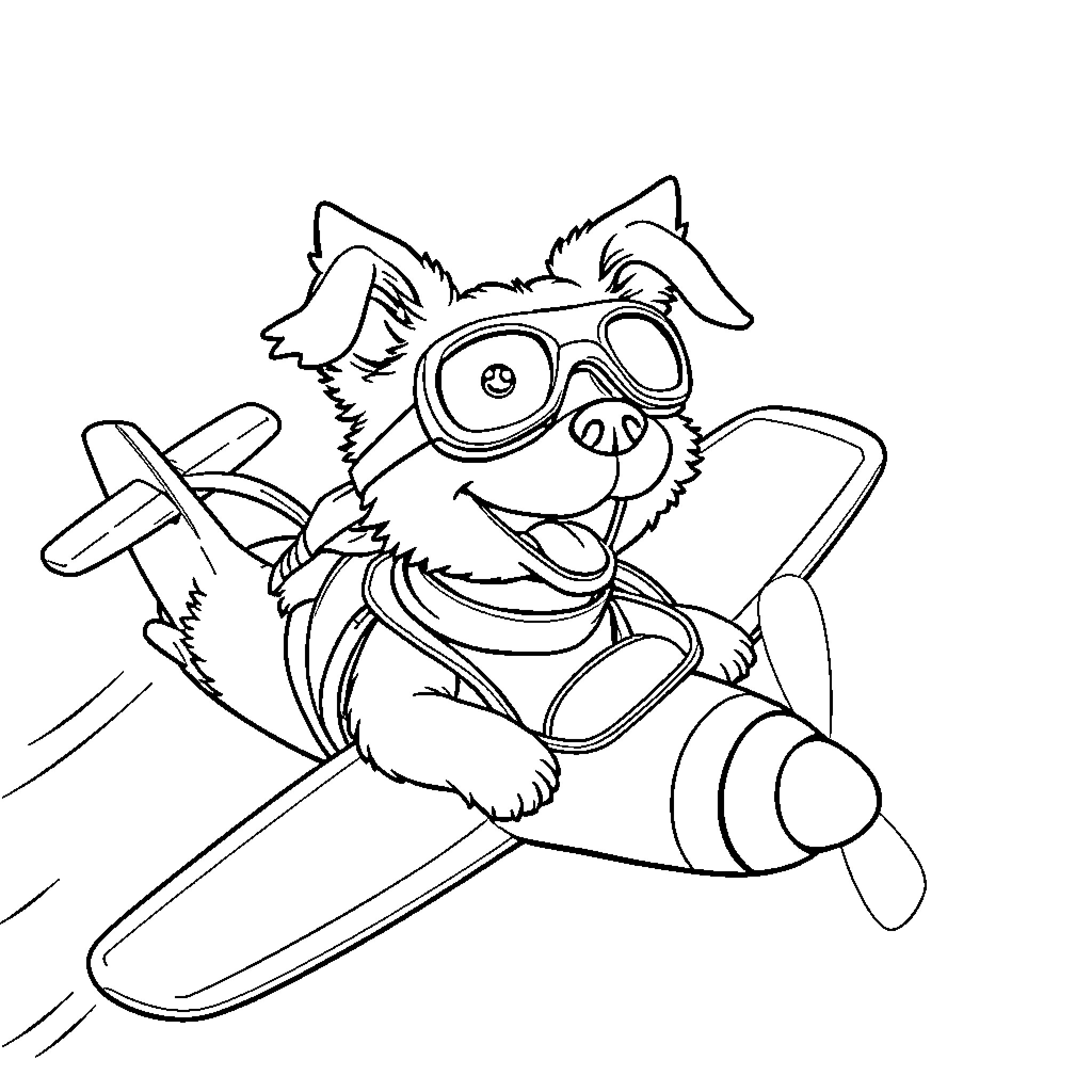 Dog pilot flying a plane happily Coloring Page (free black-and-white line drawing printable PDF for all, from beginners to advanced learners, including children, teens, adults, and seniors)