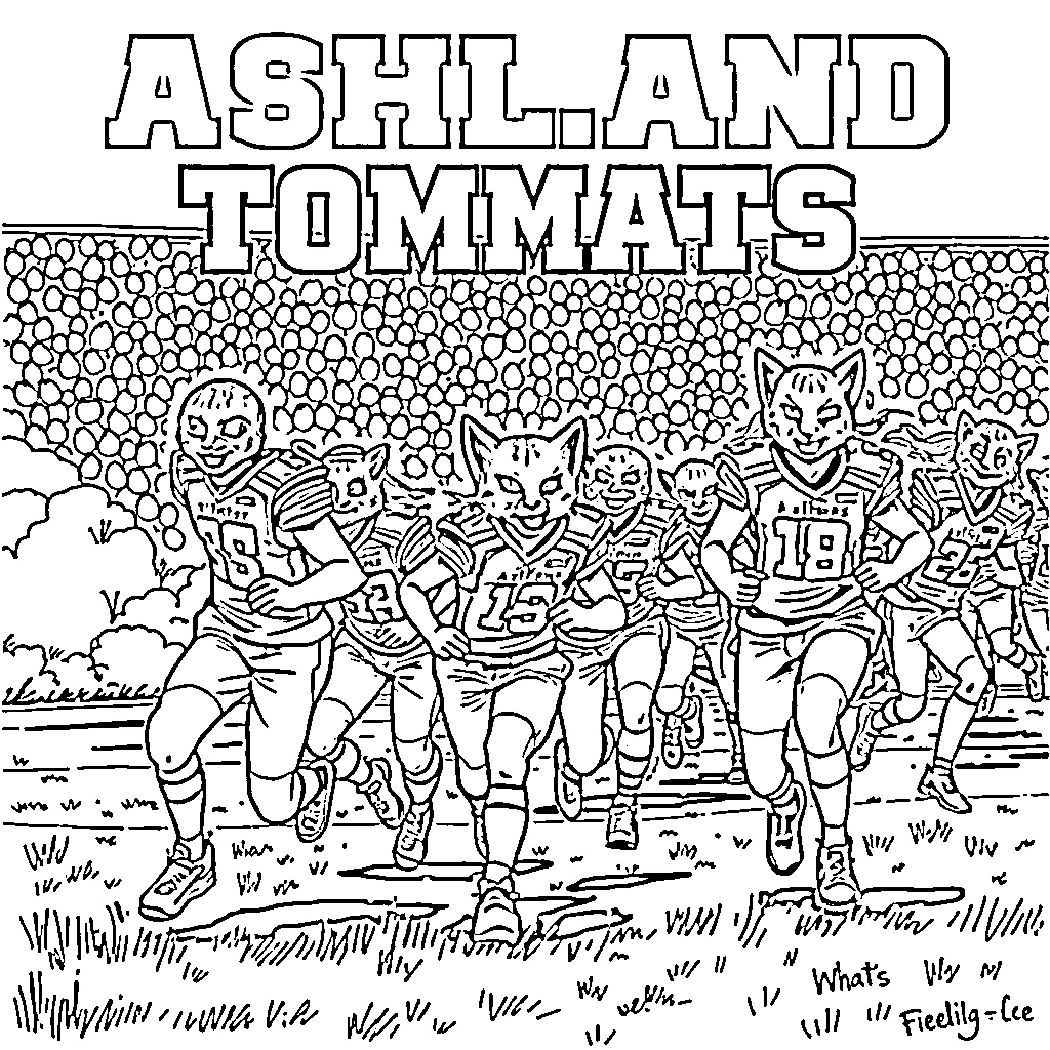 Tomcat football team playing on the field Coloring Page (free black-and-white line drawing printable PDF for all, from beginners to advanced learners, including children, teens, adults, and seniors)