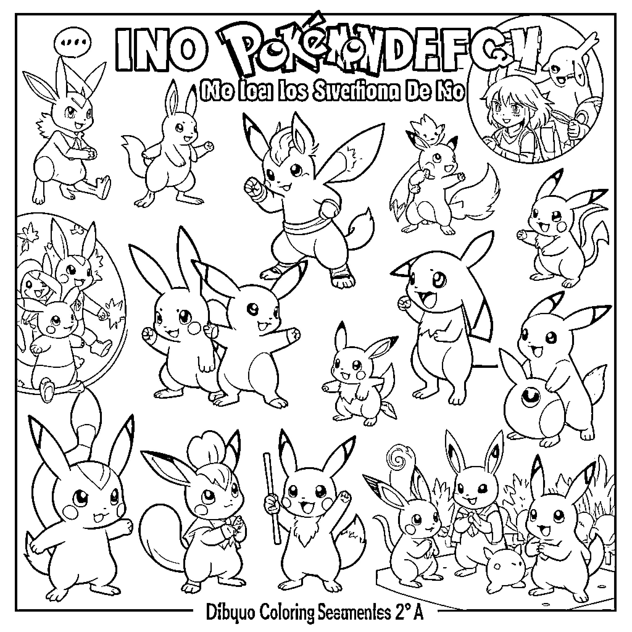 Pokémon characters posing and playing together in various scenes Coloring Page (free black-and-white line drawing printable PDF for all, from beginners to advanced learners, including children, teens, adults, and seniors)