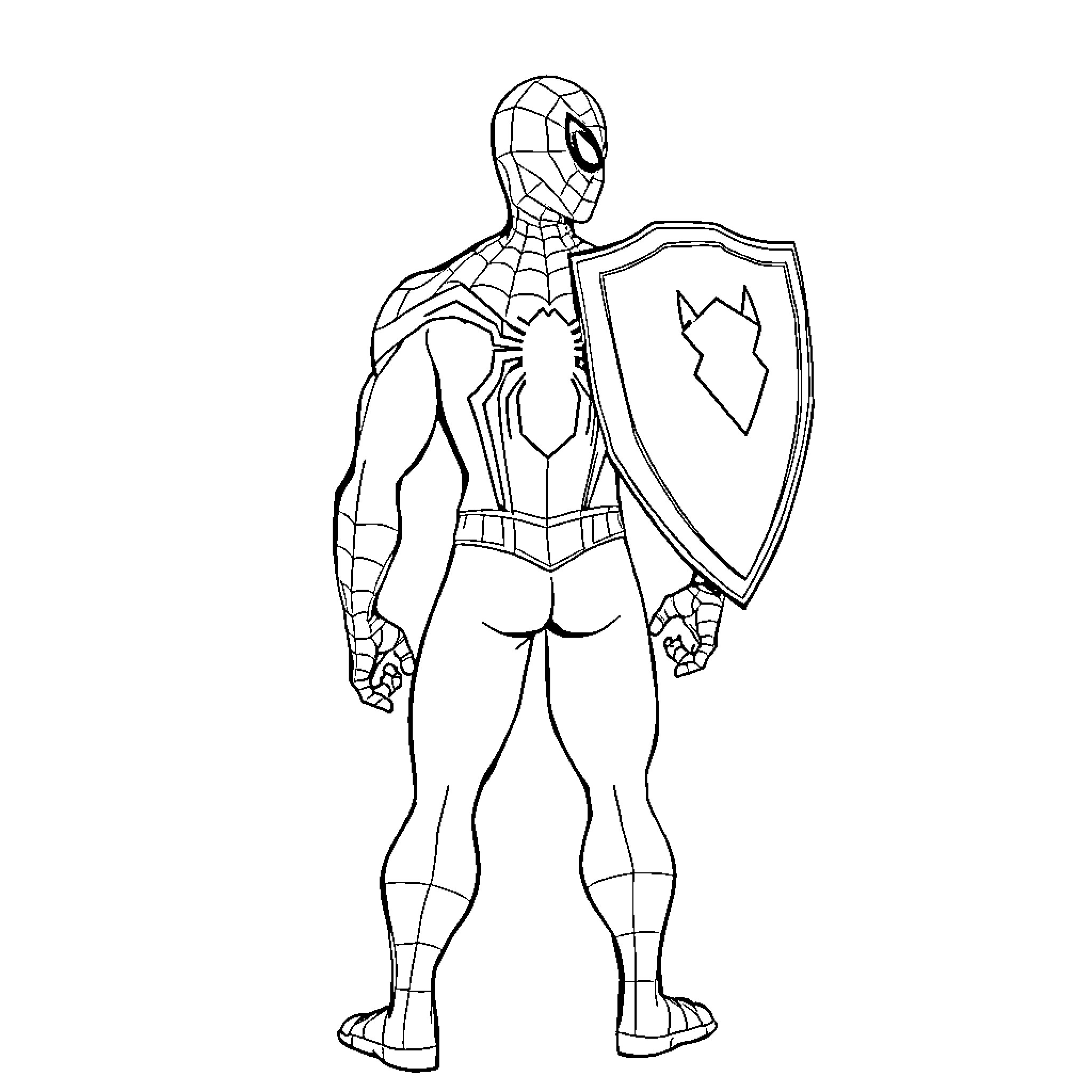 Spiderman standing with shield ready for action Coloring Page (free black-and-white line drawing printable PDF for all, from beginners to advanced learners, including children, teens, adults, and seniors)