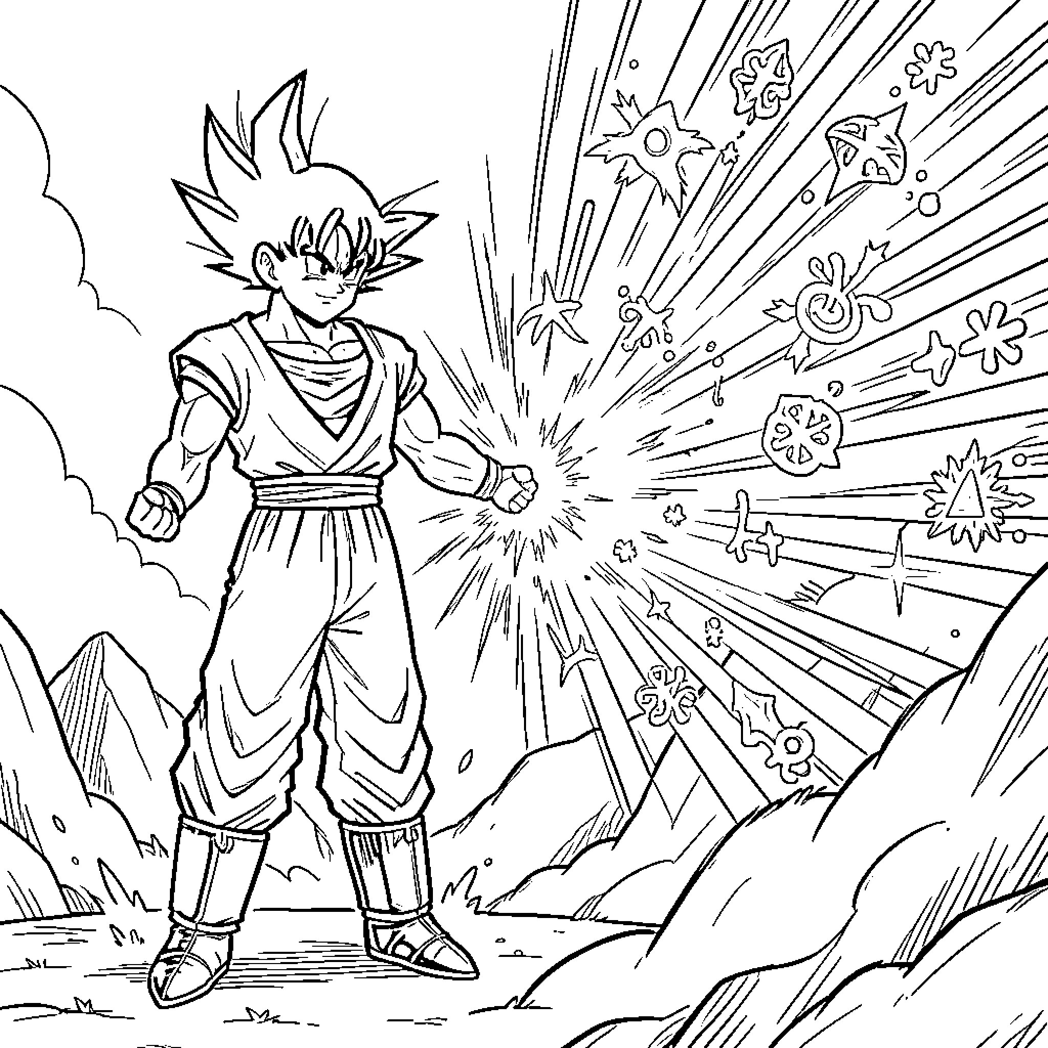 Goku's Energetic Warrior Pose Coloring Page (free black-and-white line drawing printable PDF for all, from beginners to advanced learners, including children, teens, adults, and seniors)
