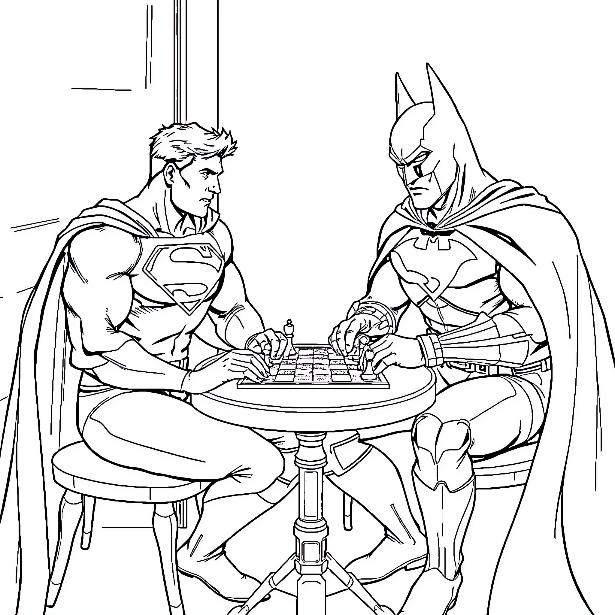 Superman and Batman Playing Chess Together Coloring Page (free black-and-white line drawing printable PDF for all, from beginners to advanced learners, including children, teens, adults, and seniors)