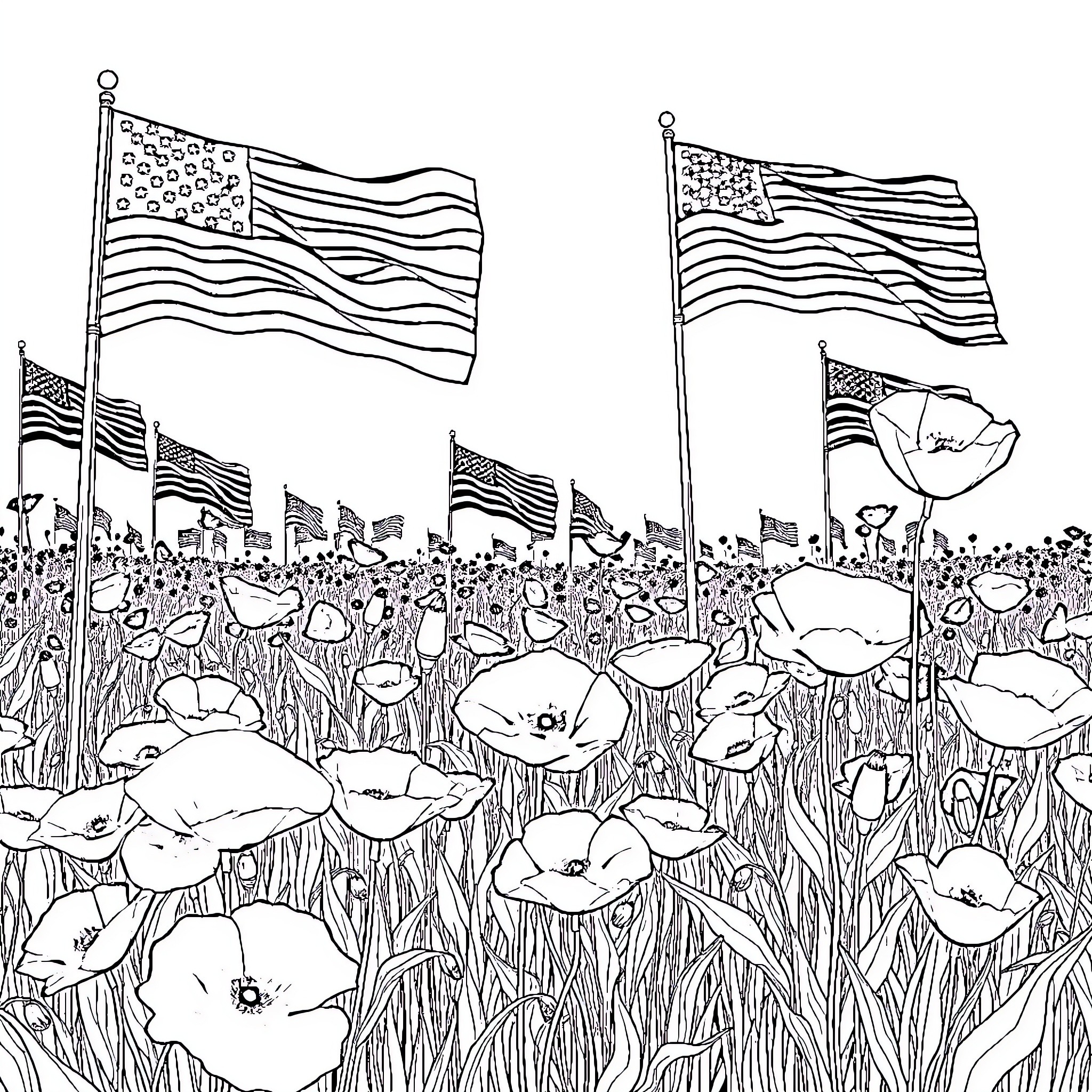 Poppy Parade of American Flags and Flowers Coloring Page (free black-and-white line drawing printable PDF for all, from beginners to advanced learners, including children, teens, adults, and seniors)
