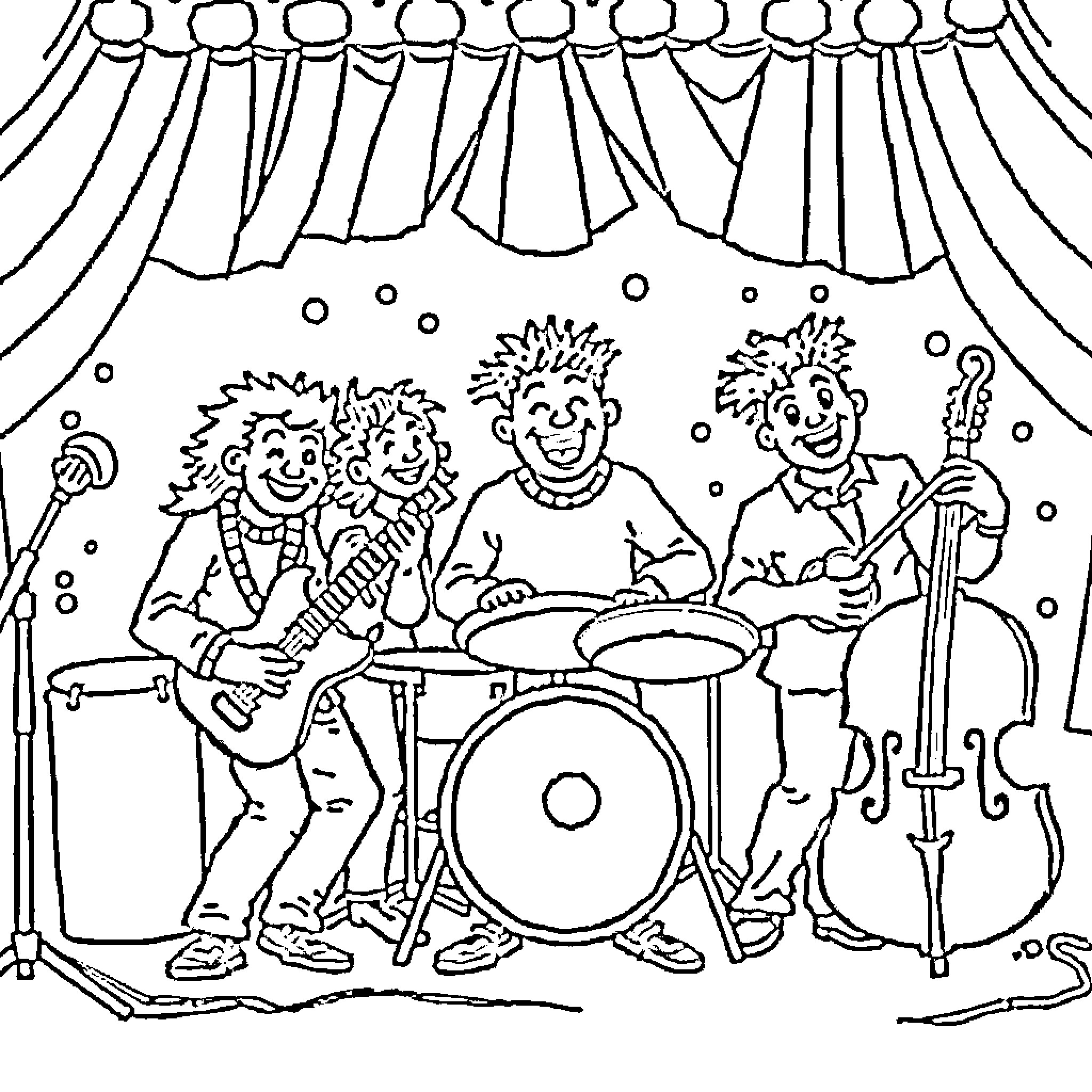 Numberband playing fun musical instruments on stage Coloring Page (free black-and-white line drawing printable PDF for all, from beginners to advanced learners, including children, teens, adults, and seniors)