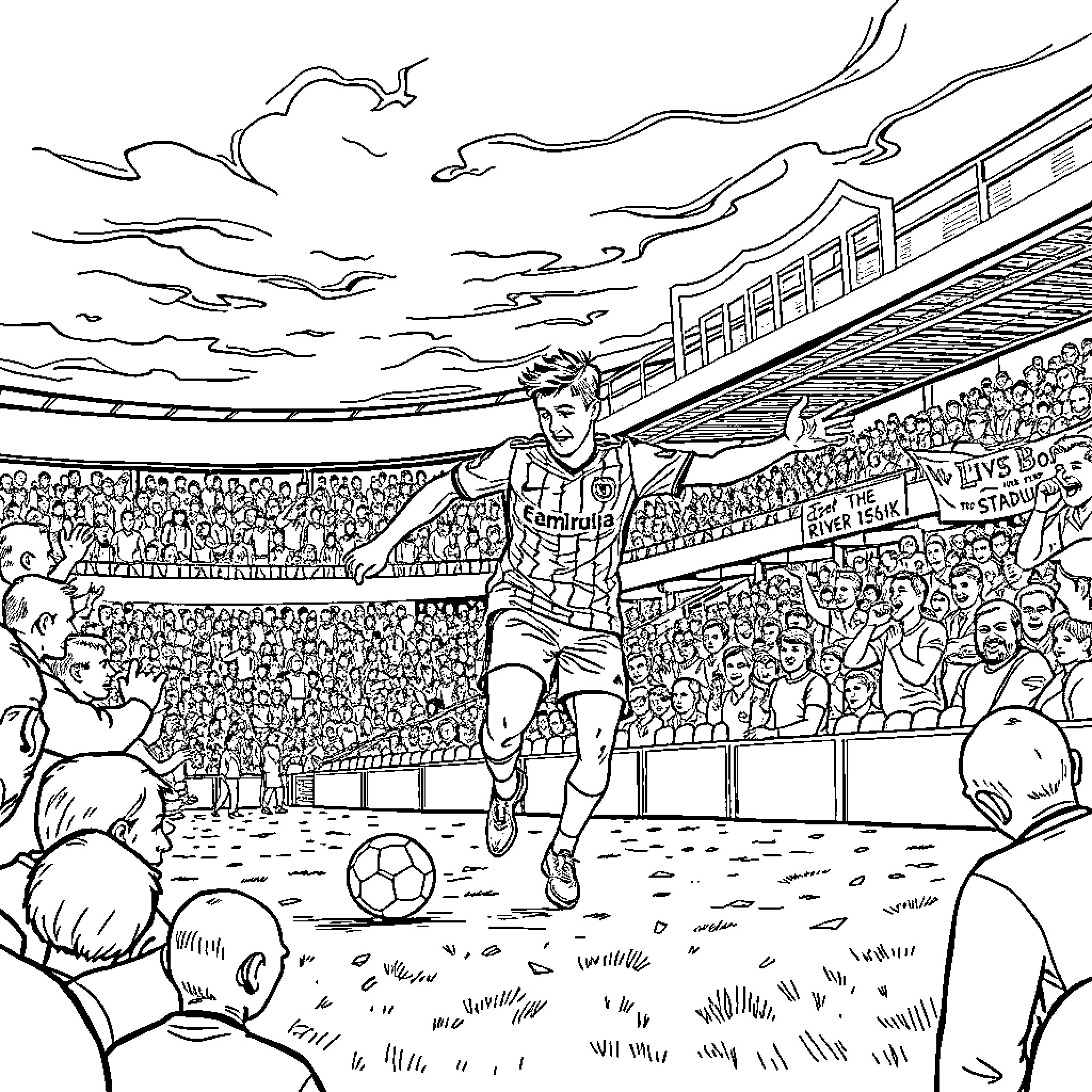 Hayden Hackney playing soccer in a stadium filled with spectators Coloring Page (free black-and-white line drawing printable PDF for all, from beginners to advanced learners, including children, teens, adults, and seniors)