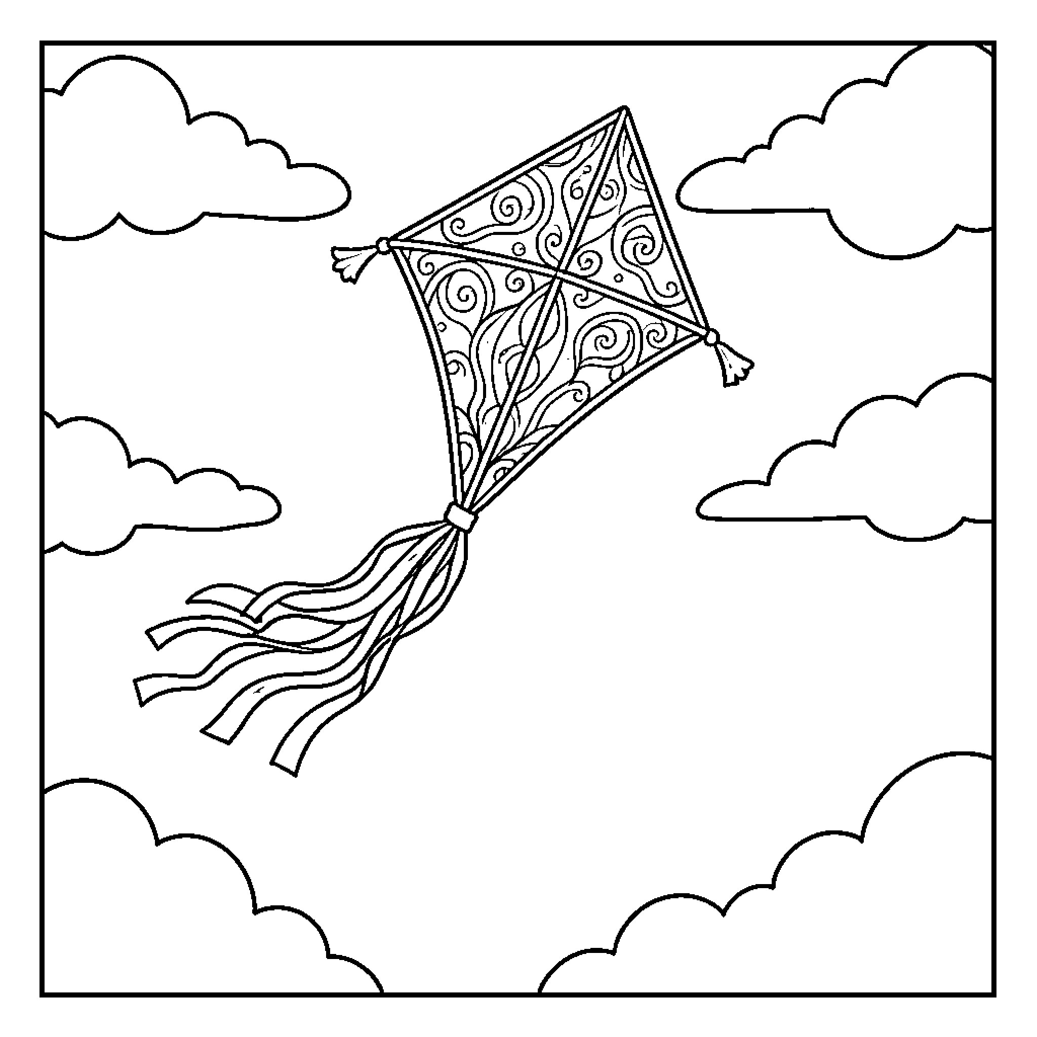 Kite flying high in the cloudy sky Coloring Page (free black-and-white line drawing printable PDF for all, from beginners to advanced learners, including children, teens, adults, and seniors)
