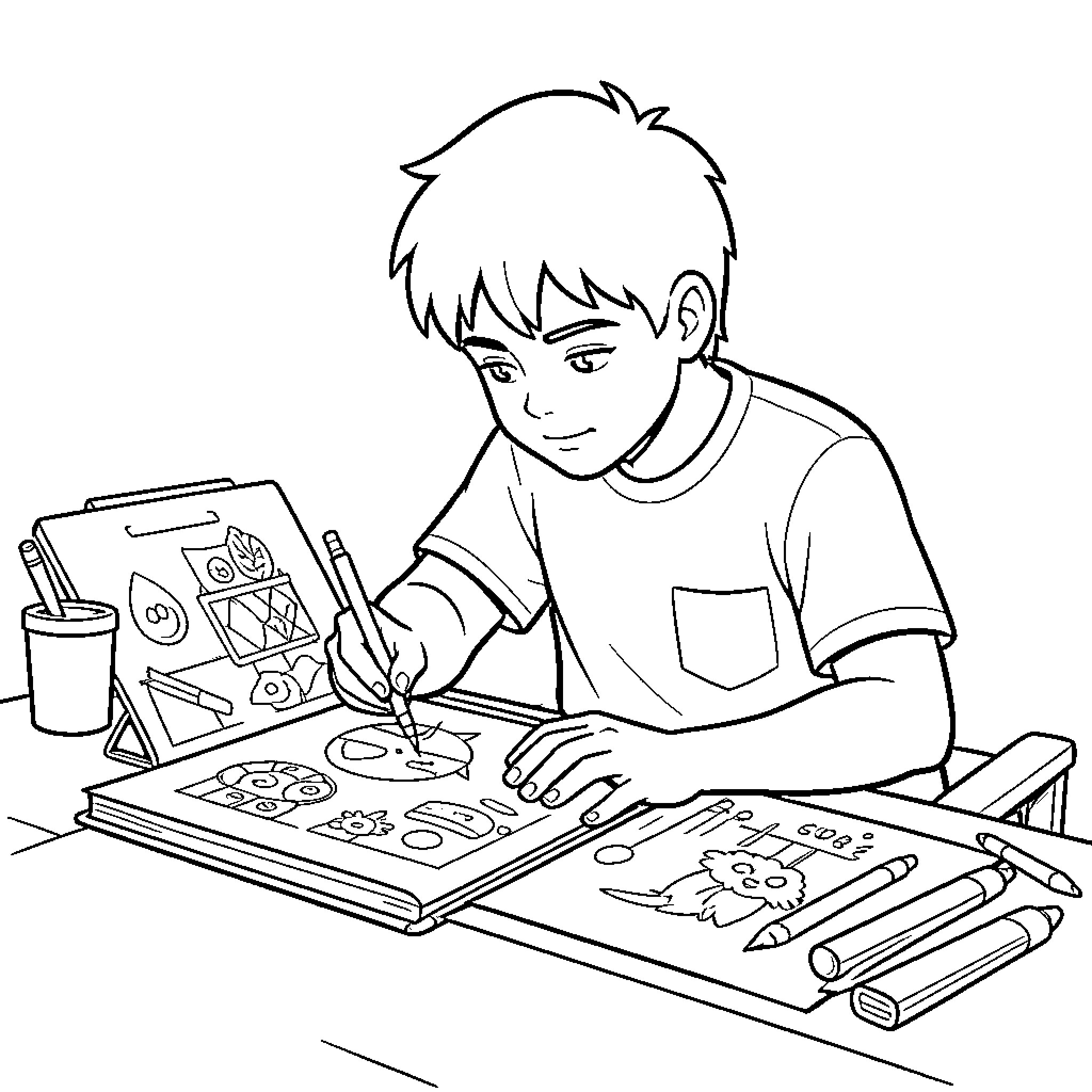Youth Skills developing creativity while drawing in a notebook Coloring Page (free black-and-white line drawing printable PDF for all, from beginners to advanced learners, including children, teens, adults, and seniors)