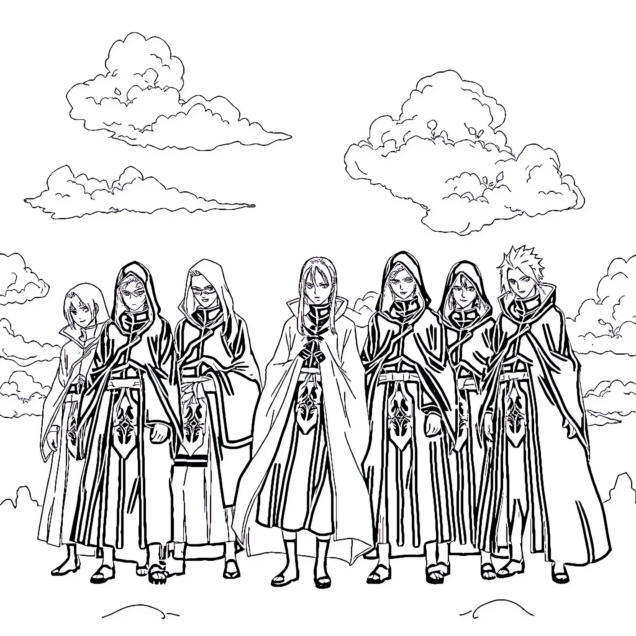 Akatsuki Members Depicted in Detailed Attire Coloring Page (free black-and-white line drawing printable PDF for all, from beginners to advanced learners, including children, teens, adults, and seniors)