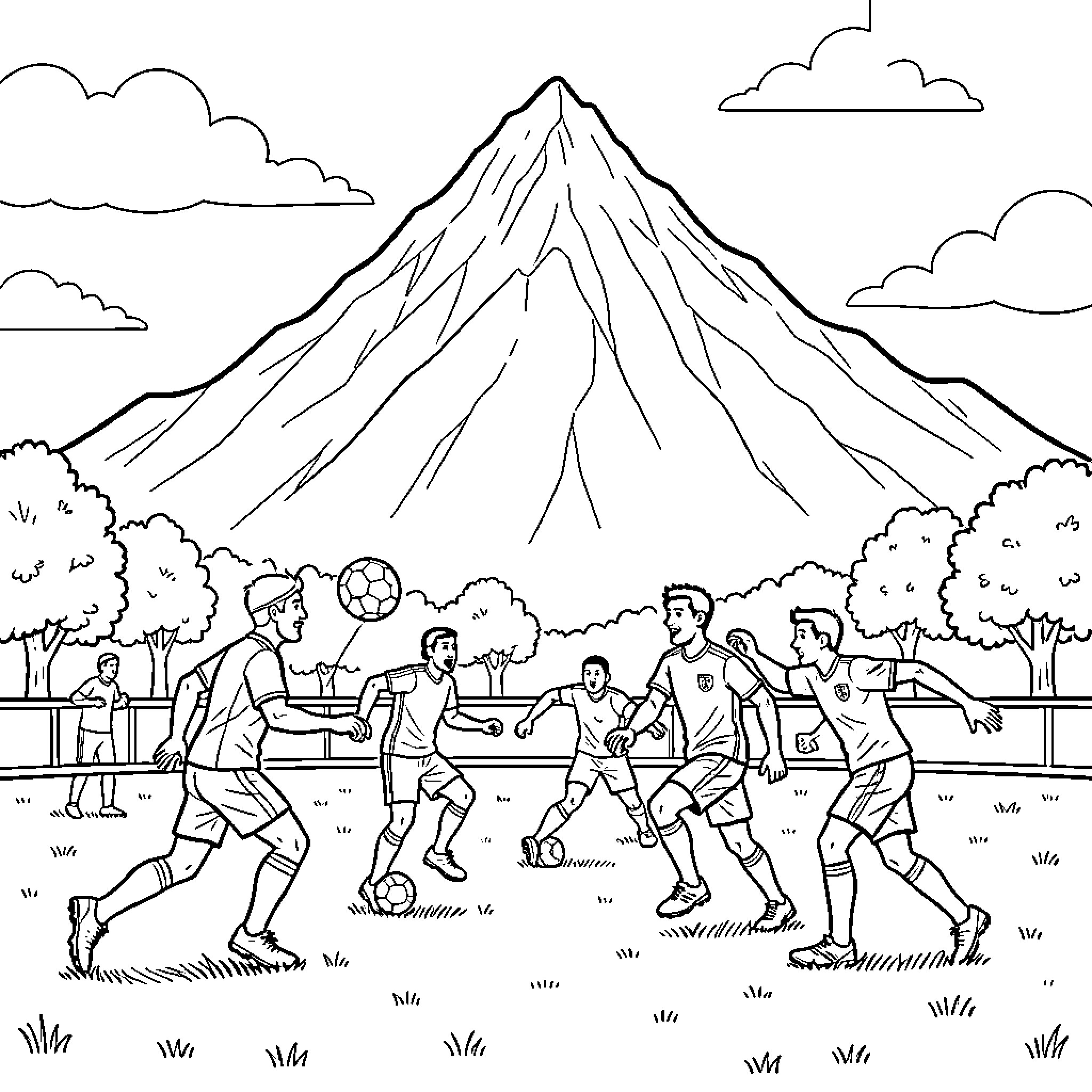 Korfbal players competing in a match near mountains Coloring Page (free black-and-white line drawing printable PDF for all, from beginners to advanced learners, including children, teens, adults, and seniors)