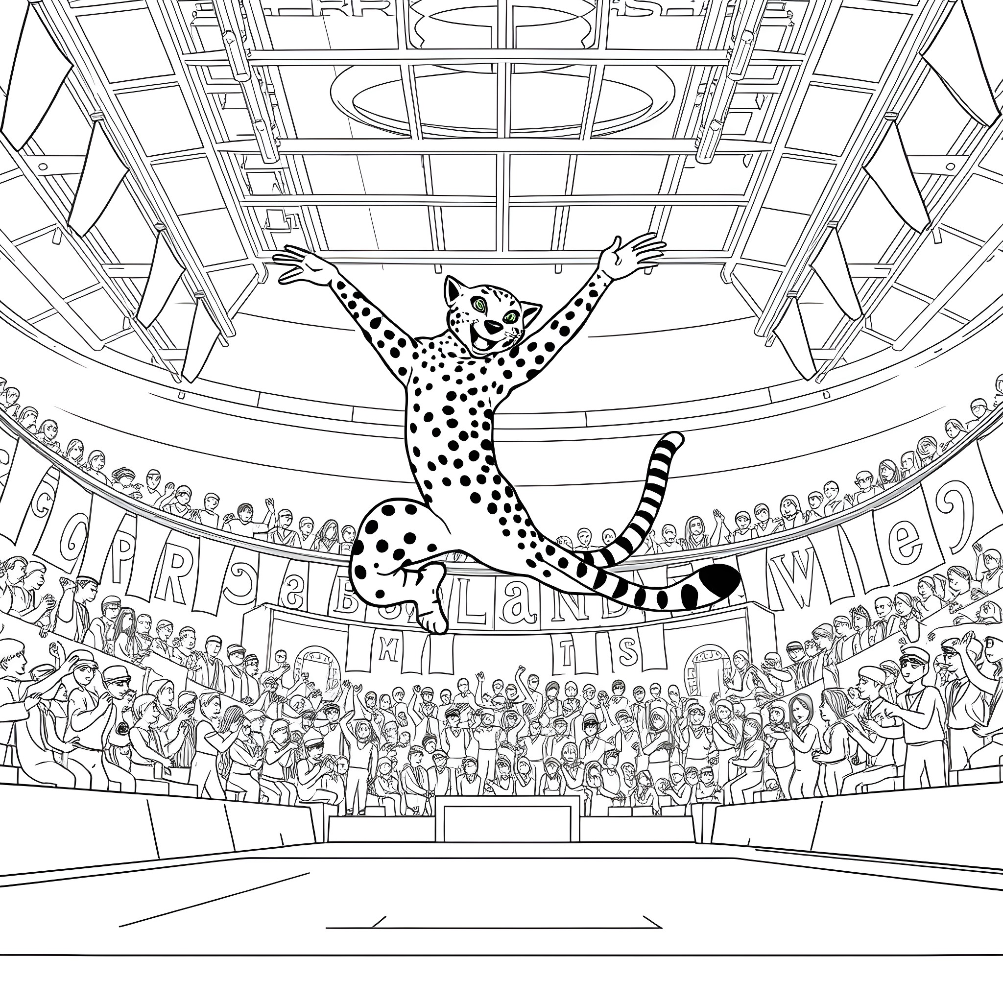 Cheetah Performing in Circus Arena Coloring Page (free black-and-white line drawing printable PDF for all, from beginners to advanced learners, including children, teens, adults, and seniors)