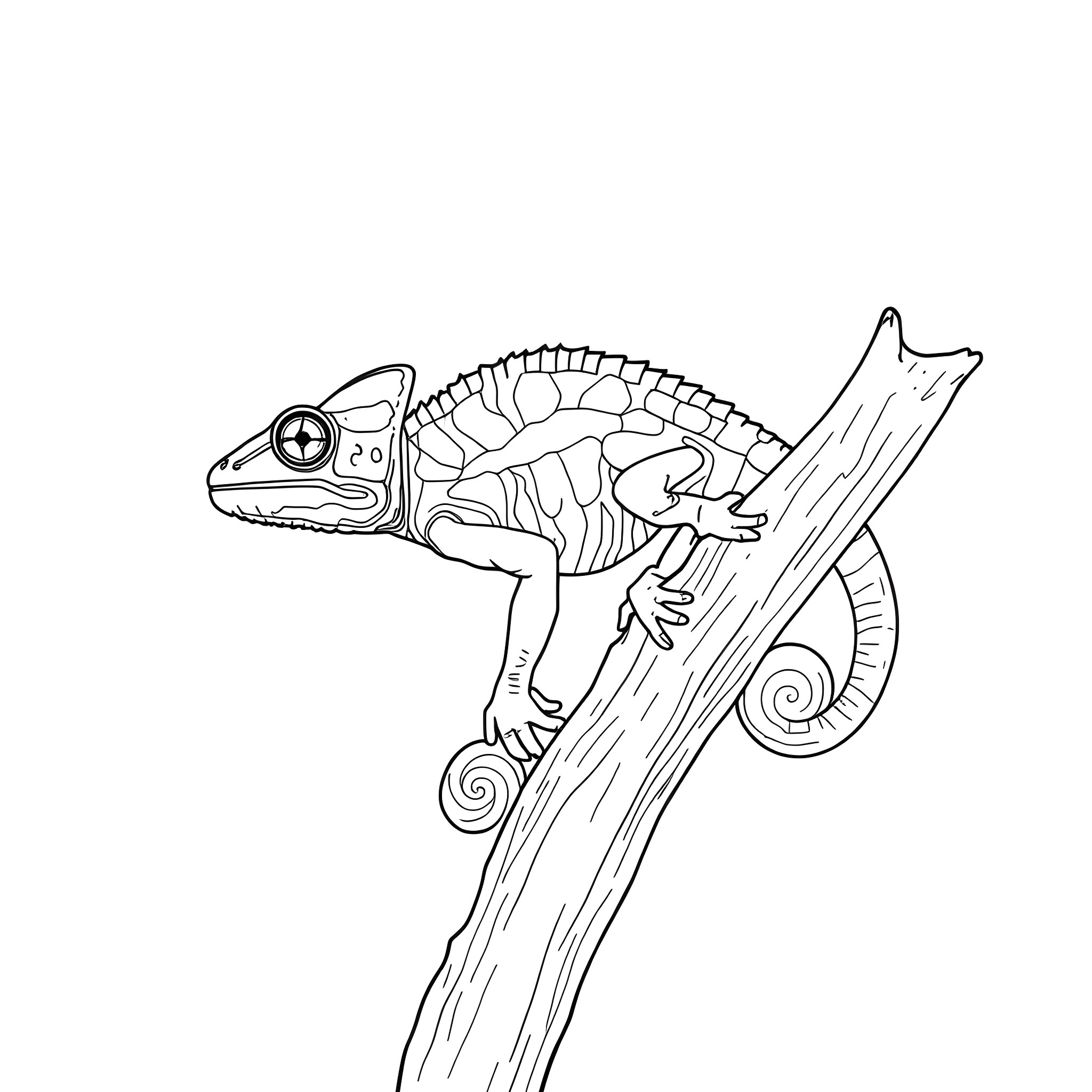Chameleon climbing on a branch Coloring Page (free black-and-white line drawing printable PDF for all, from beginners to advanced learners, including children, teens, adults, and seniors)