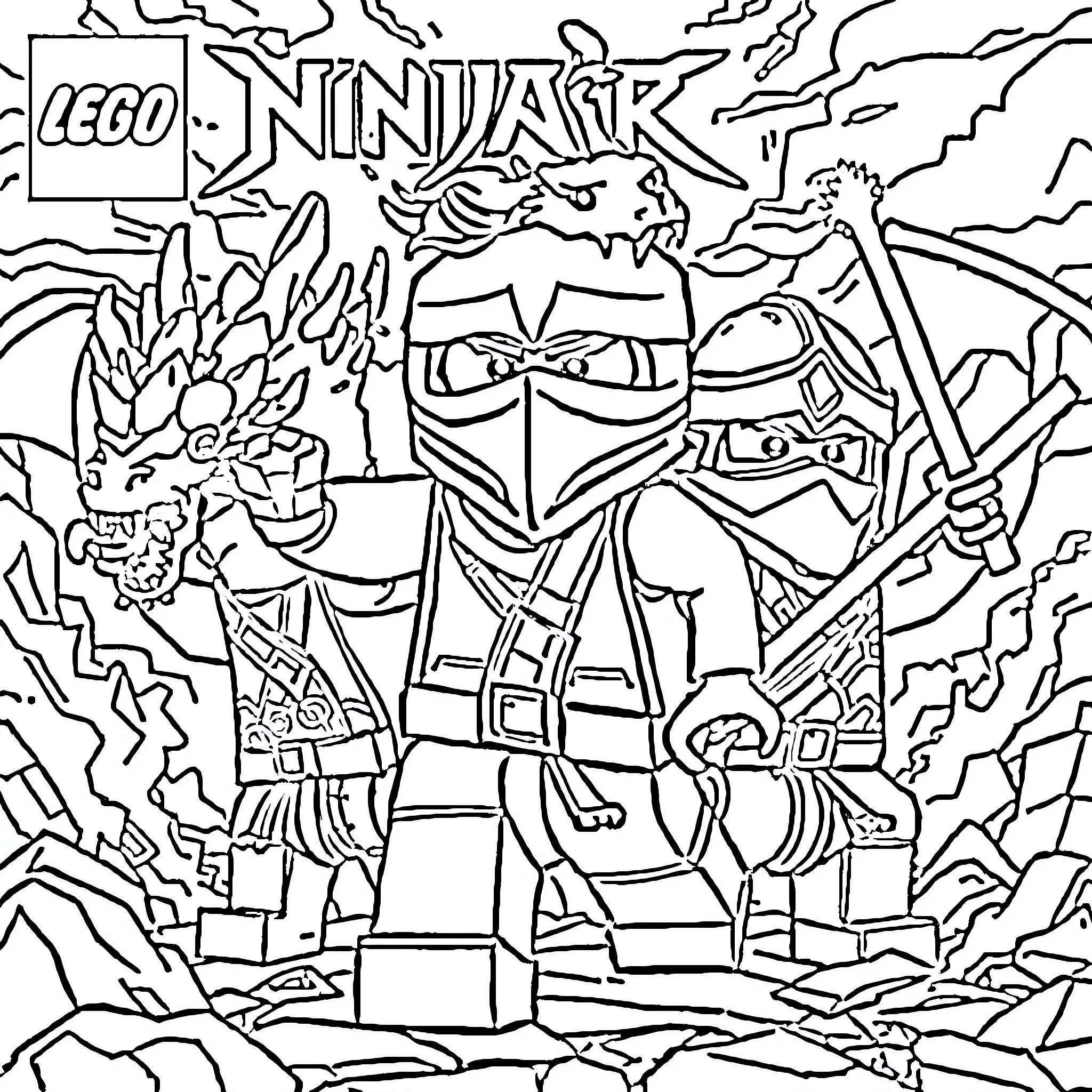 Ninjago Ninja Warriors in Action Coloring Page (free black-and-white line drawing printable PDF for all, from beginners to advanced learners, including children, teens, adults, and seniors)